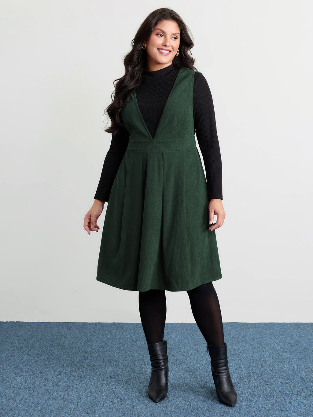 Corduroy Stretchy Waist V-Neck Midi Dress