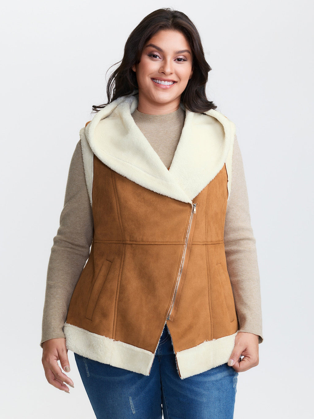Suede Fluffy Zipper Hooded Vest Coat
