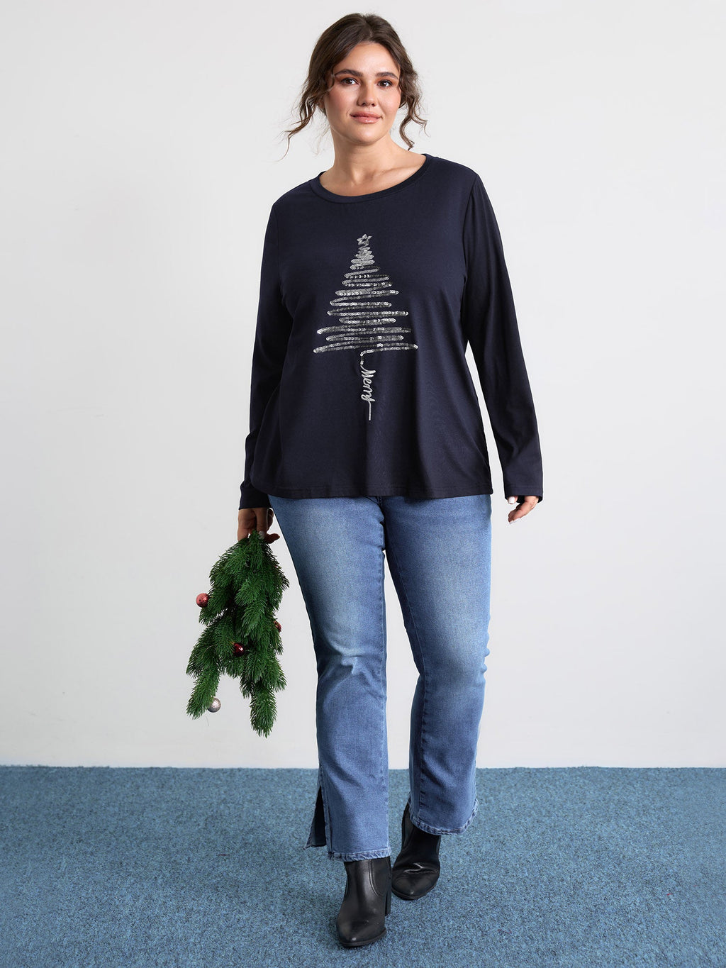 Sequin Cord Embroidered Tree Round Neck T-Shirt
