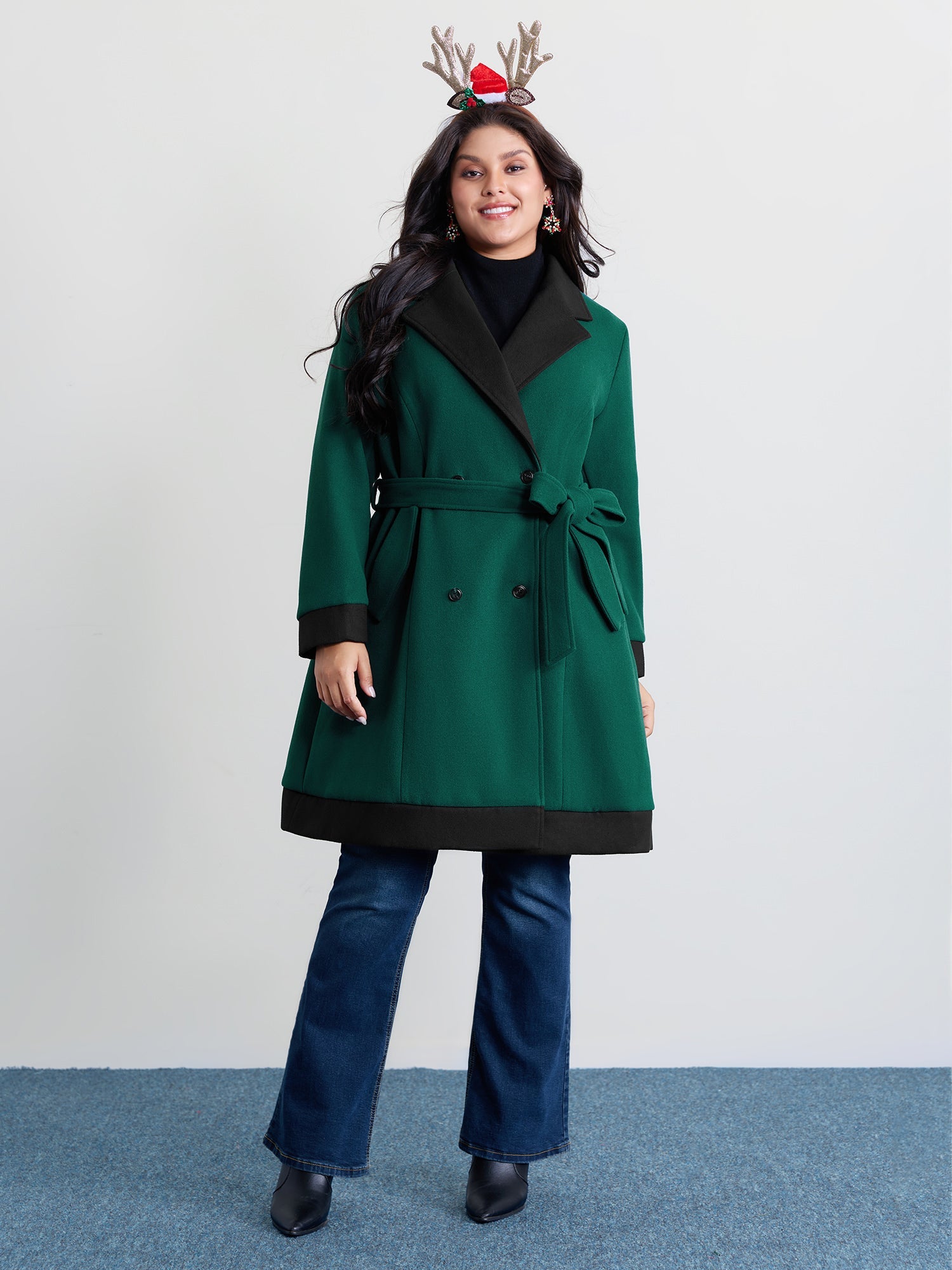 Color Contrast Belted Lined Coat