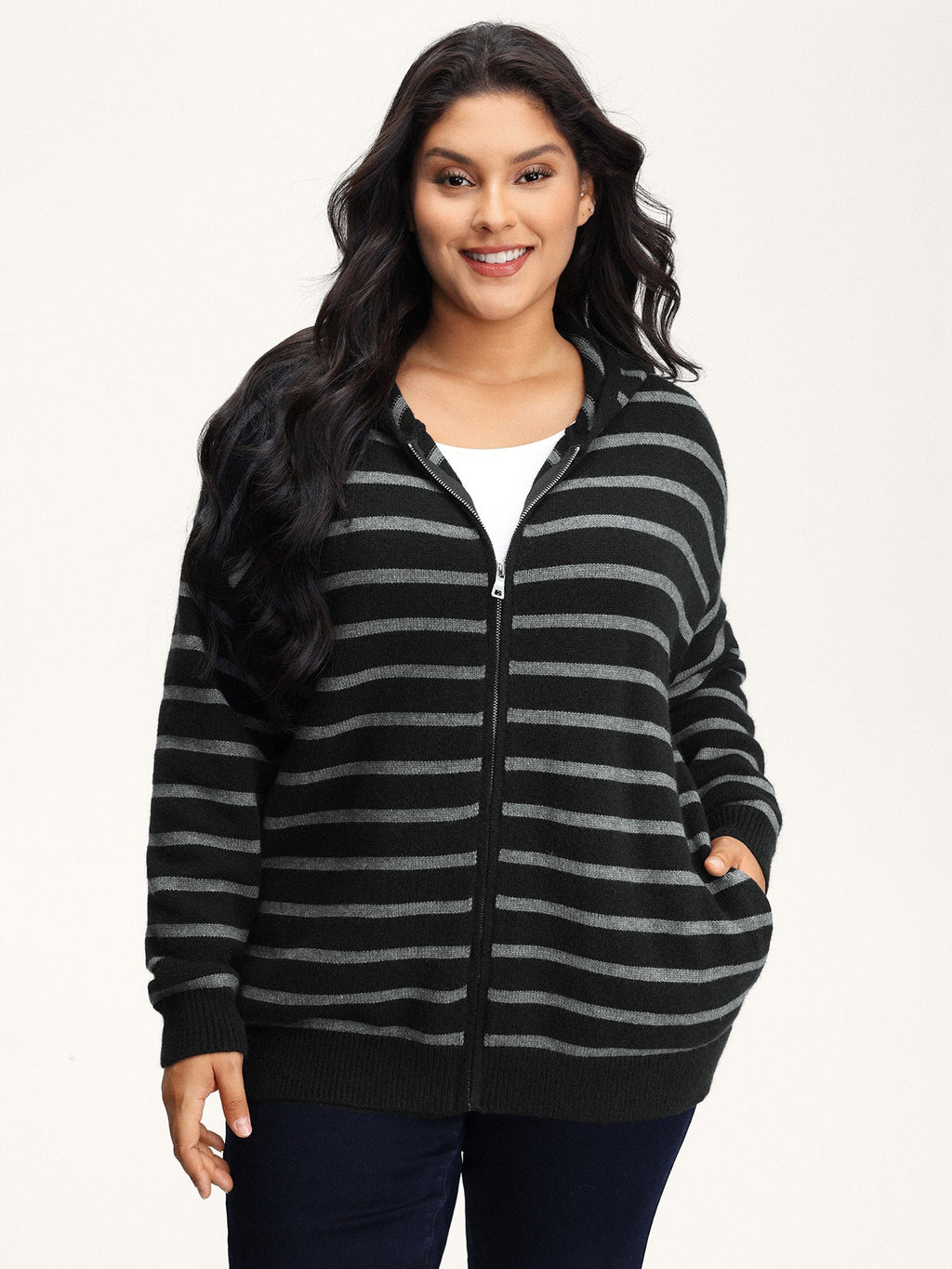 Supersoft Stripe Hooded Zipper Pockets Knit Cardigan