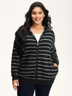 Supersoft Stripe Hooded Zipper Pockets Knit Cardigan