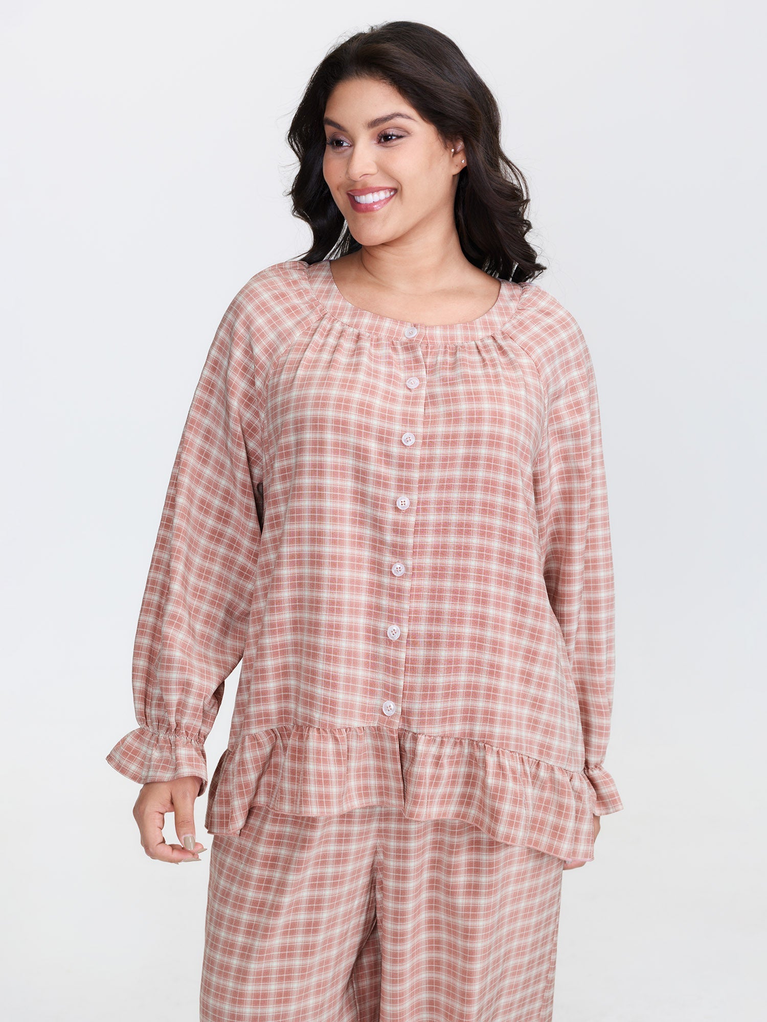 Gingham Ruffled Hem Loungewear Set