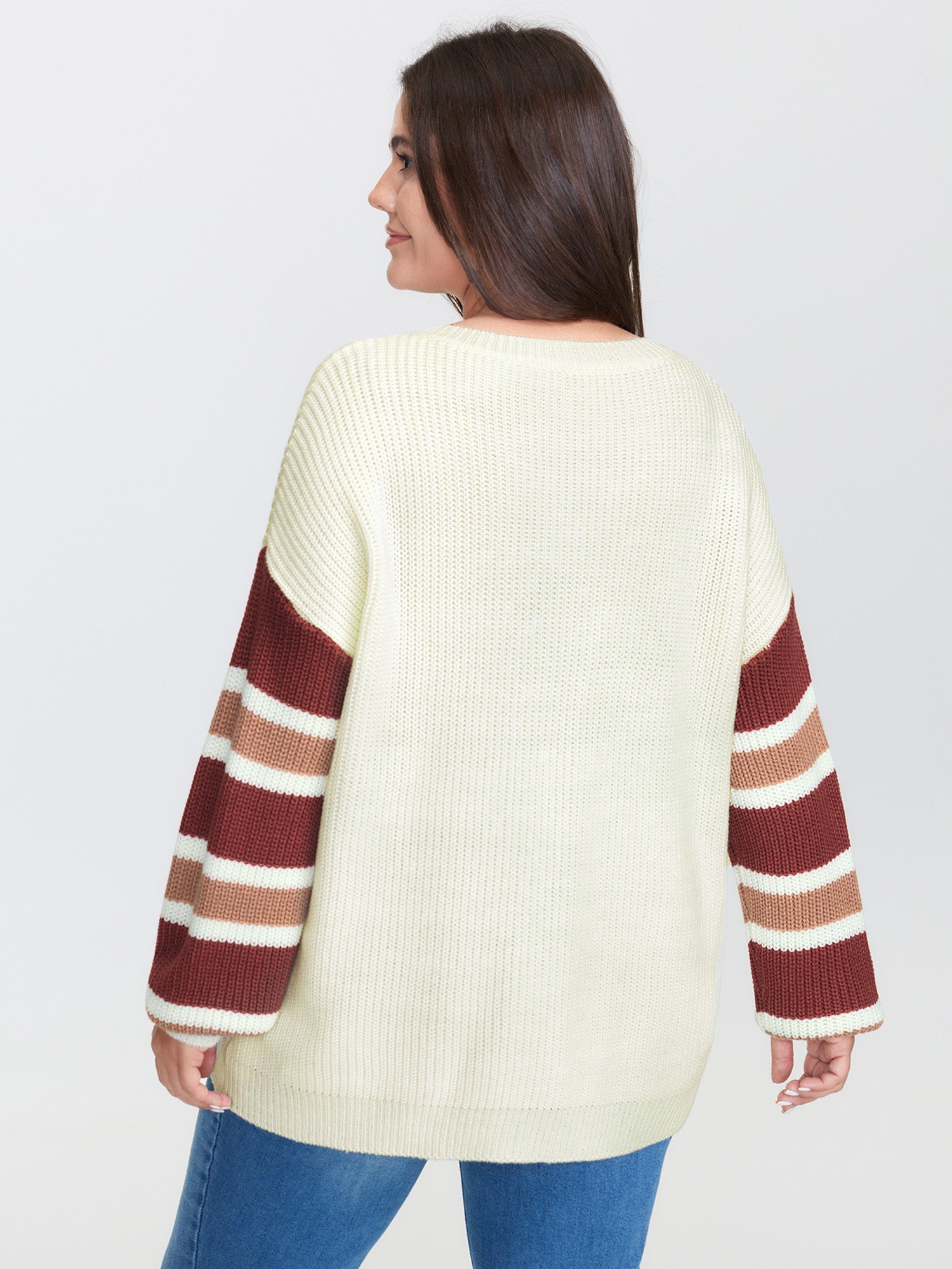 Striped Sleeve Button Neckline Pullover