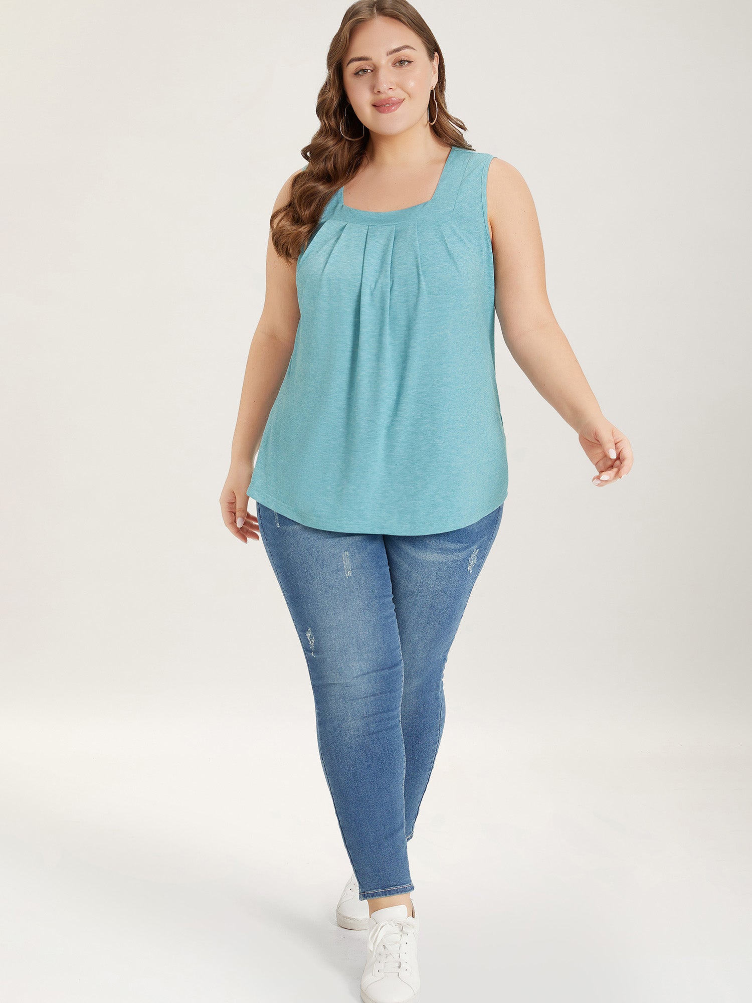 Heather Plicated Detail Square Neck Tank Top