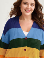 Colorblock Contrast Texture Button Cardigan