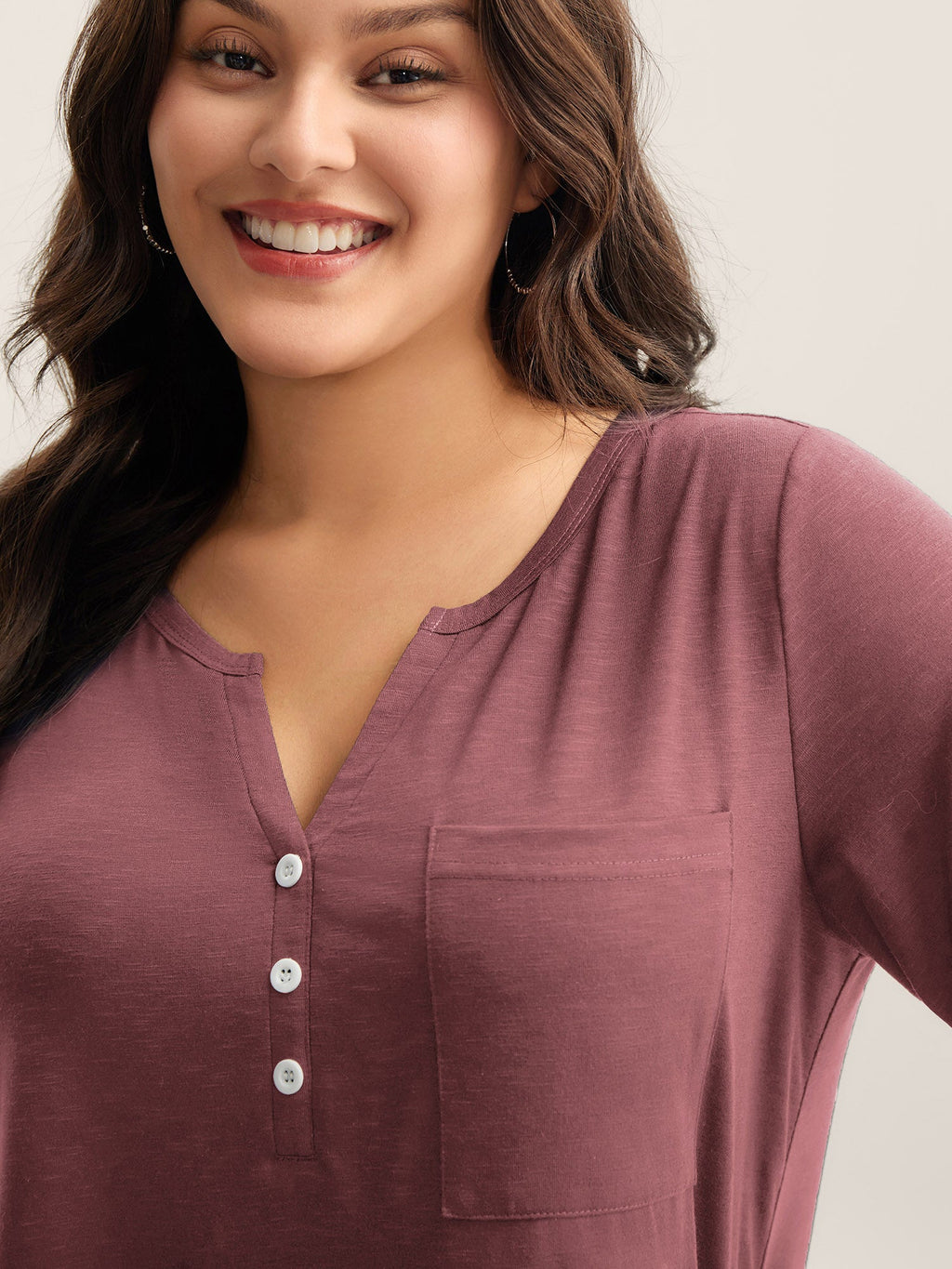 Solid Split Neck Button Detail T-Shirt