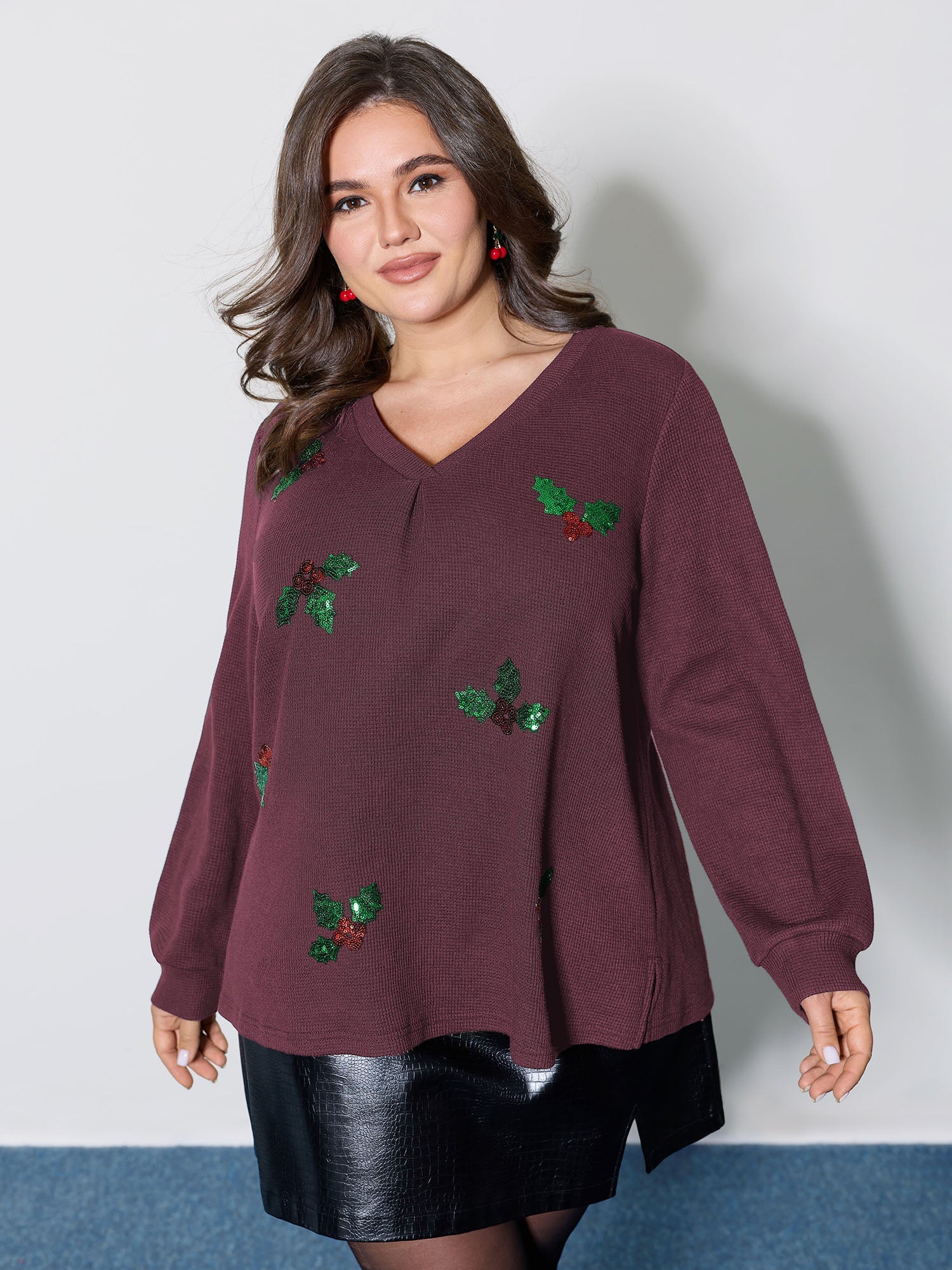 Holiday Elements Sequin Embroidery Textured Sweatshirt