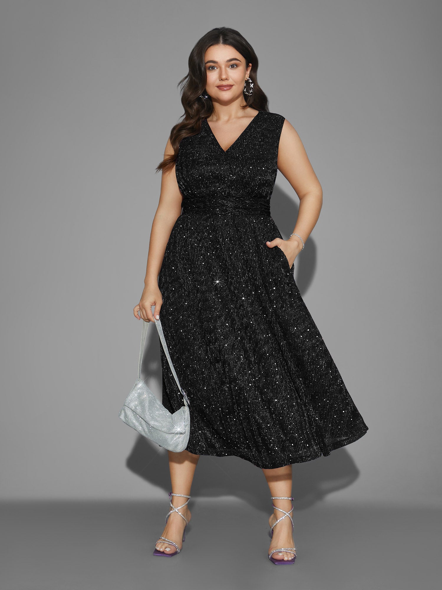 Sequin Surplice Neckline Sleeveless Midi Dress
