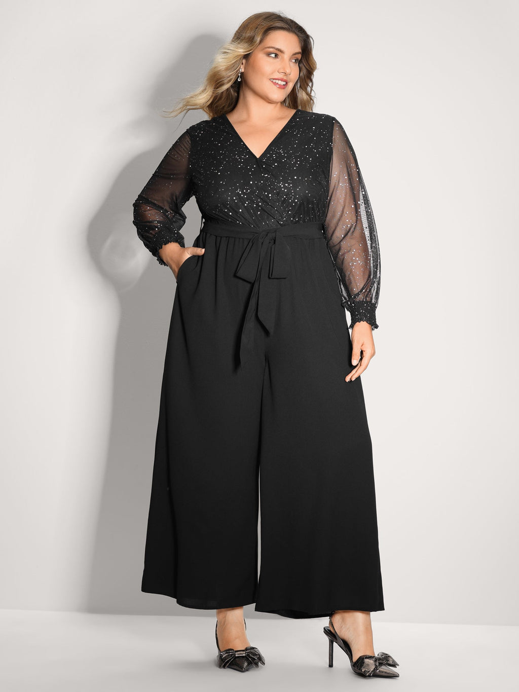 Sparkly V Neck Sheer Belted Wide Leg Jumpsuit