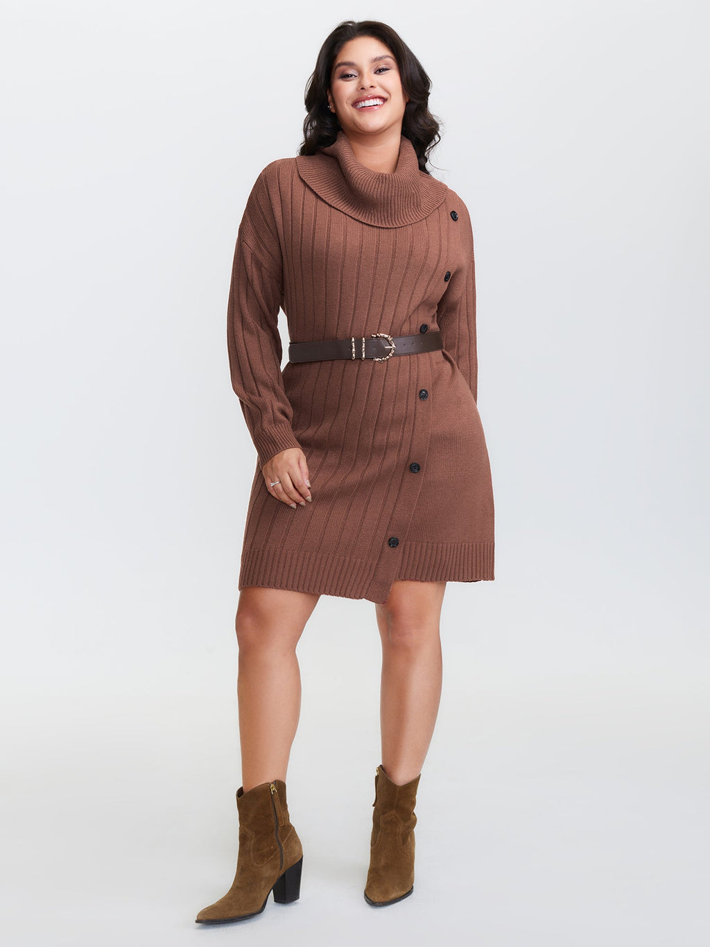 Textured Turtleneck Button Wrap Sweater Dress