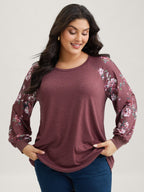 Floral Patchwork Crew Neck Raglan Sleeve T-shirt