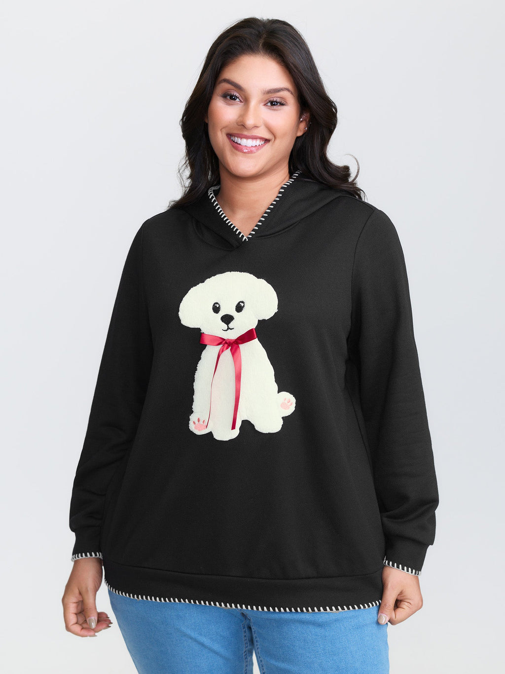 Puppy Embroidered Stretchy Contrast Hoodie