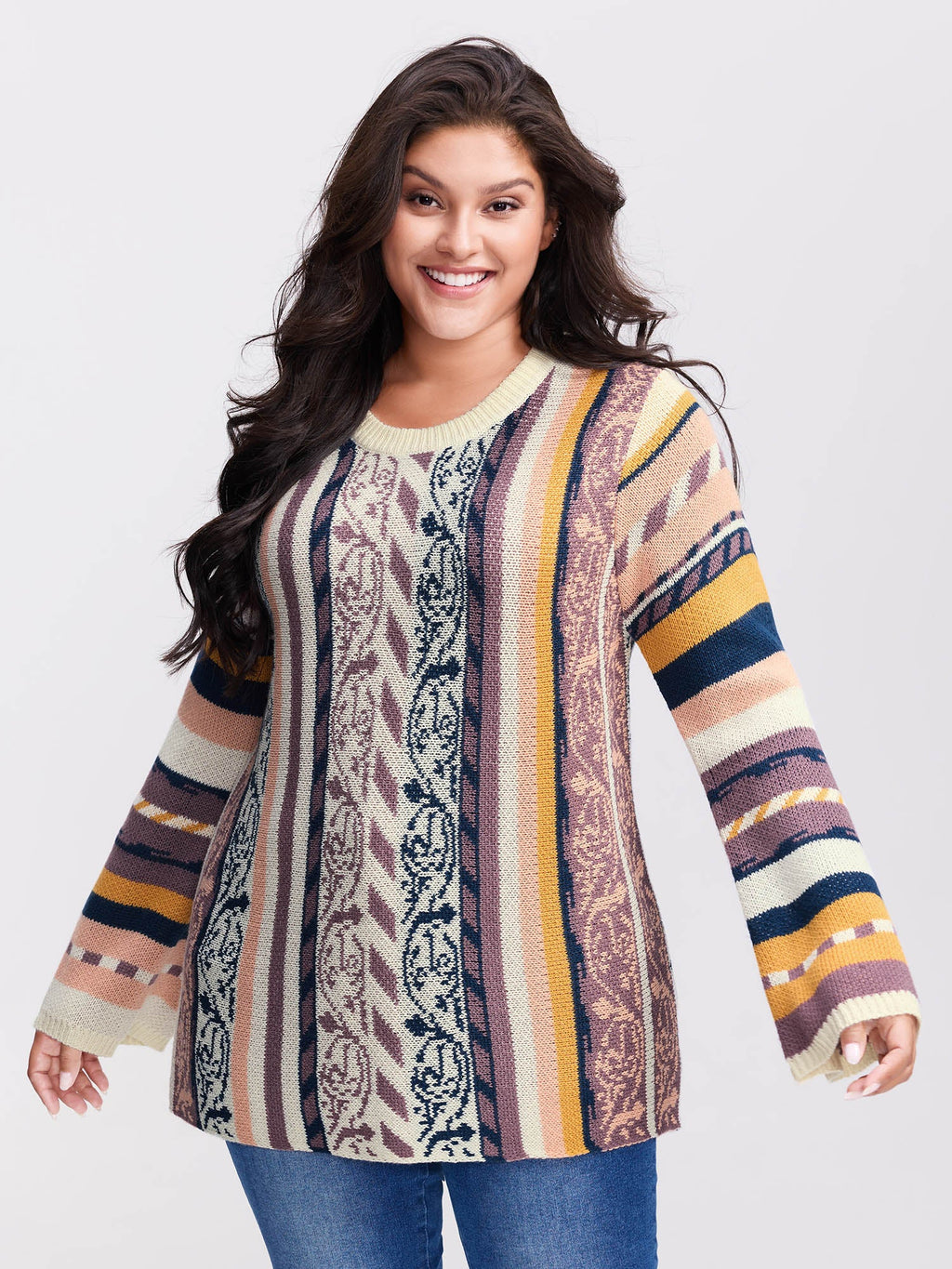 Boho Stripe Flared Sleeve Stretchy Pullover
