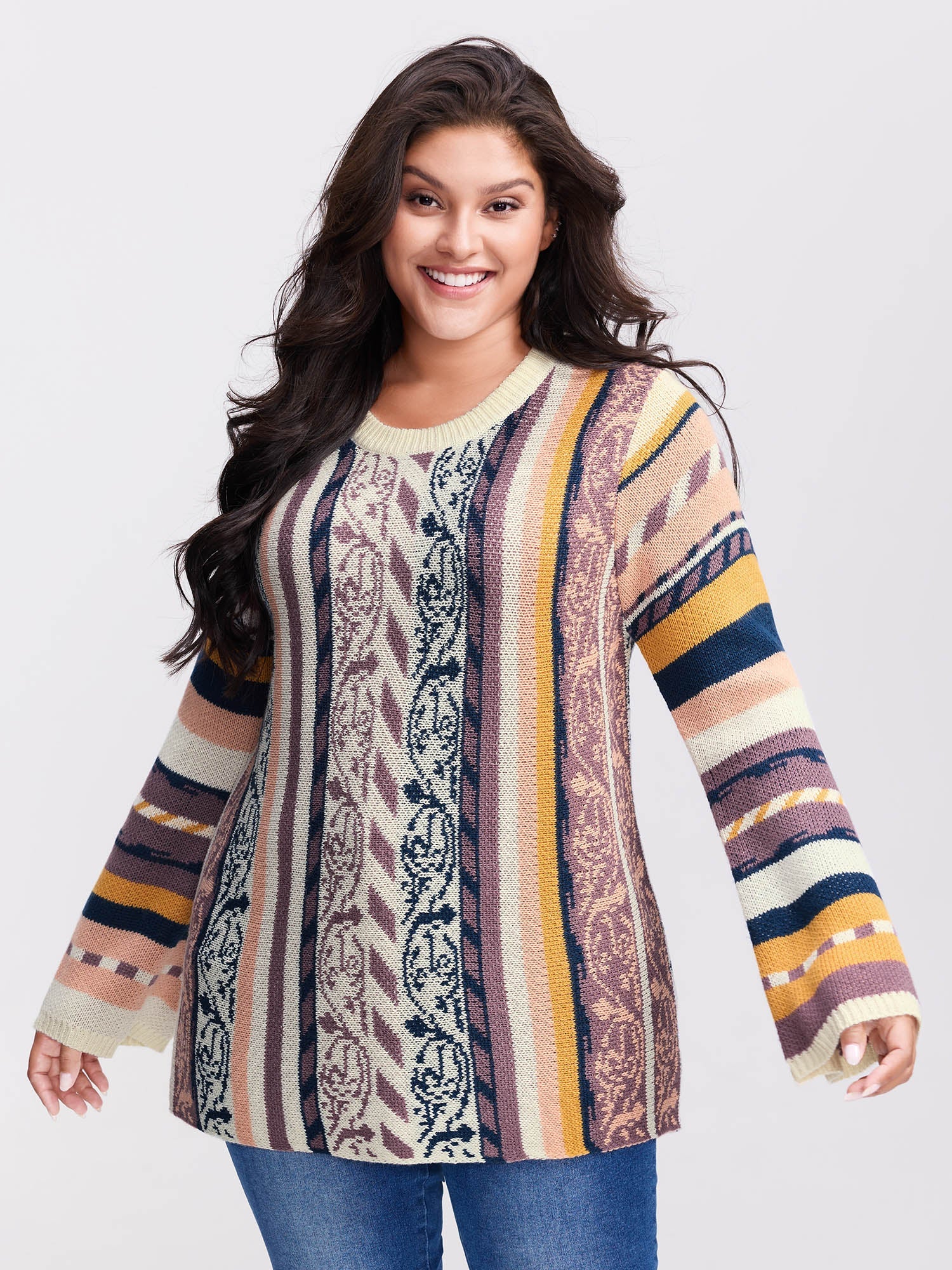 Boho Stripe Flared Sleeve Stretchy Pullover