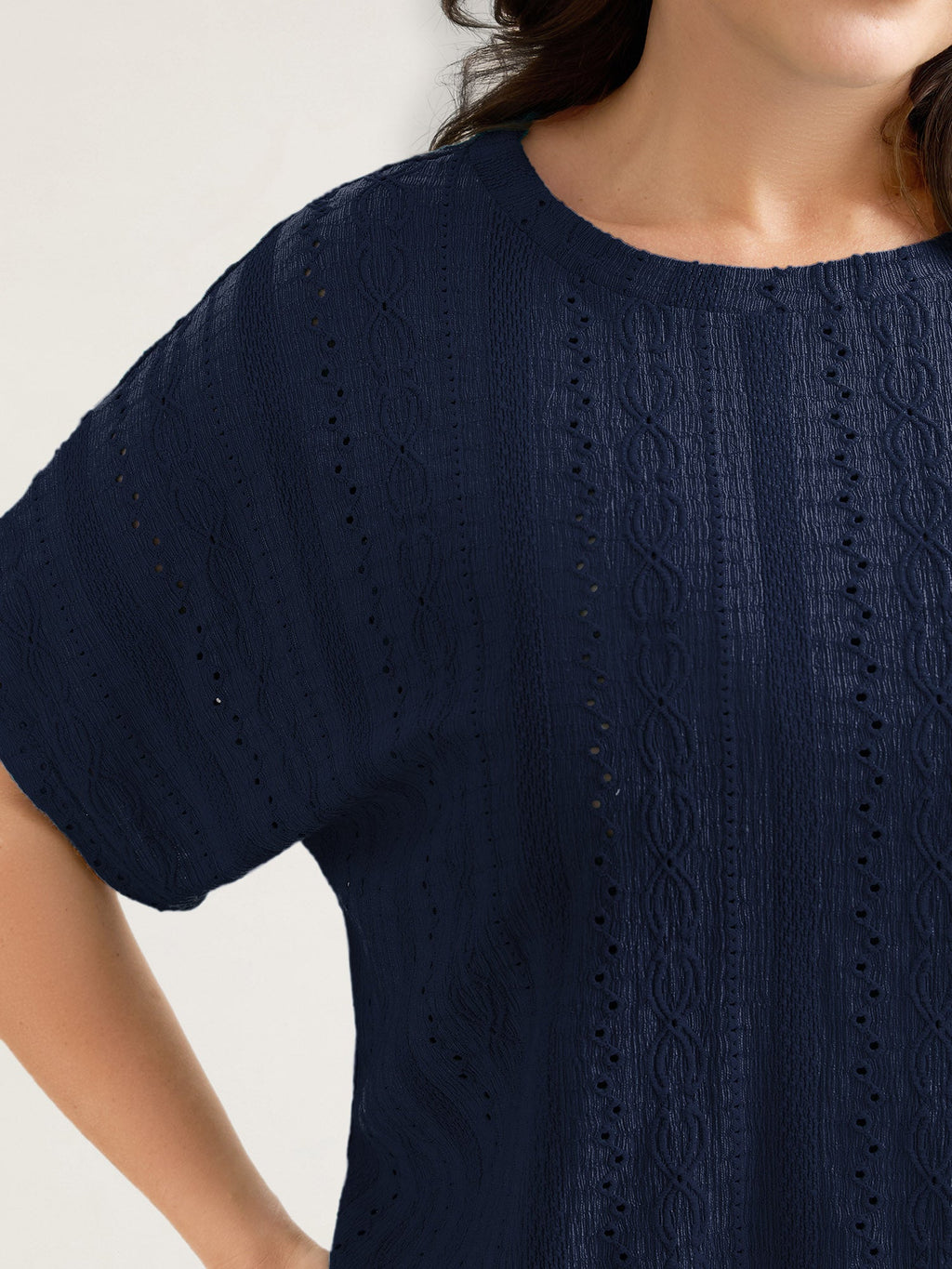 Eyelet Trim Stretchy Textured Plain Top