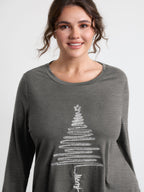 Sequin Cord Embroidered Tree Round Neck T-Shirt