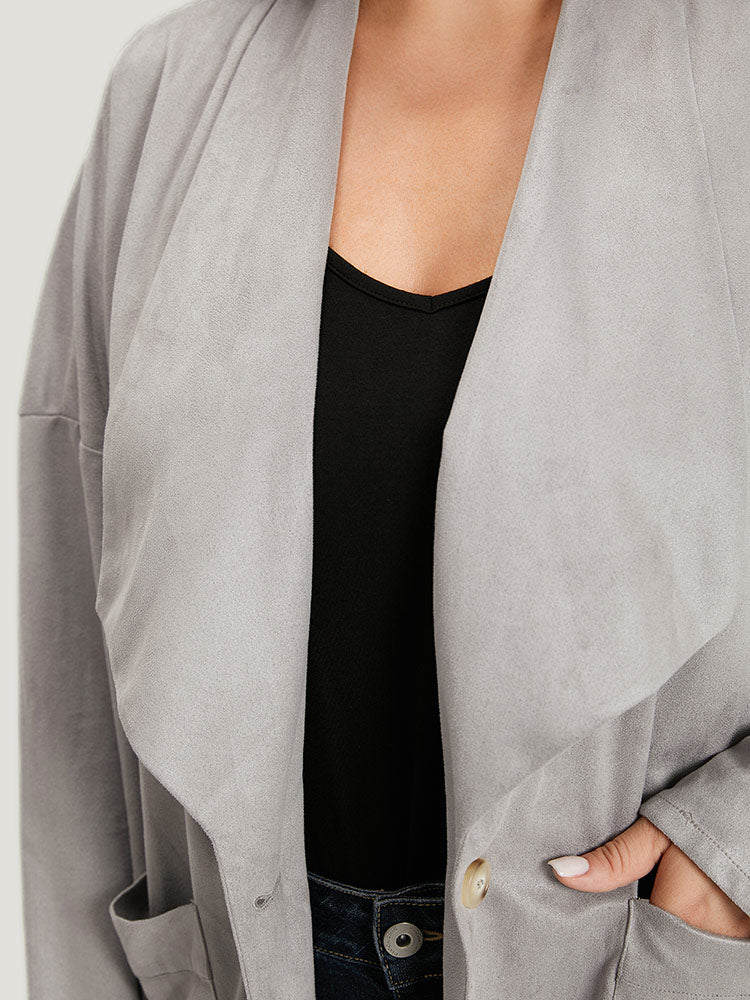 Solid Lapel Collar Patched Pocket Faux Suede Coat