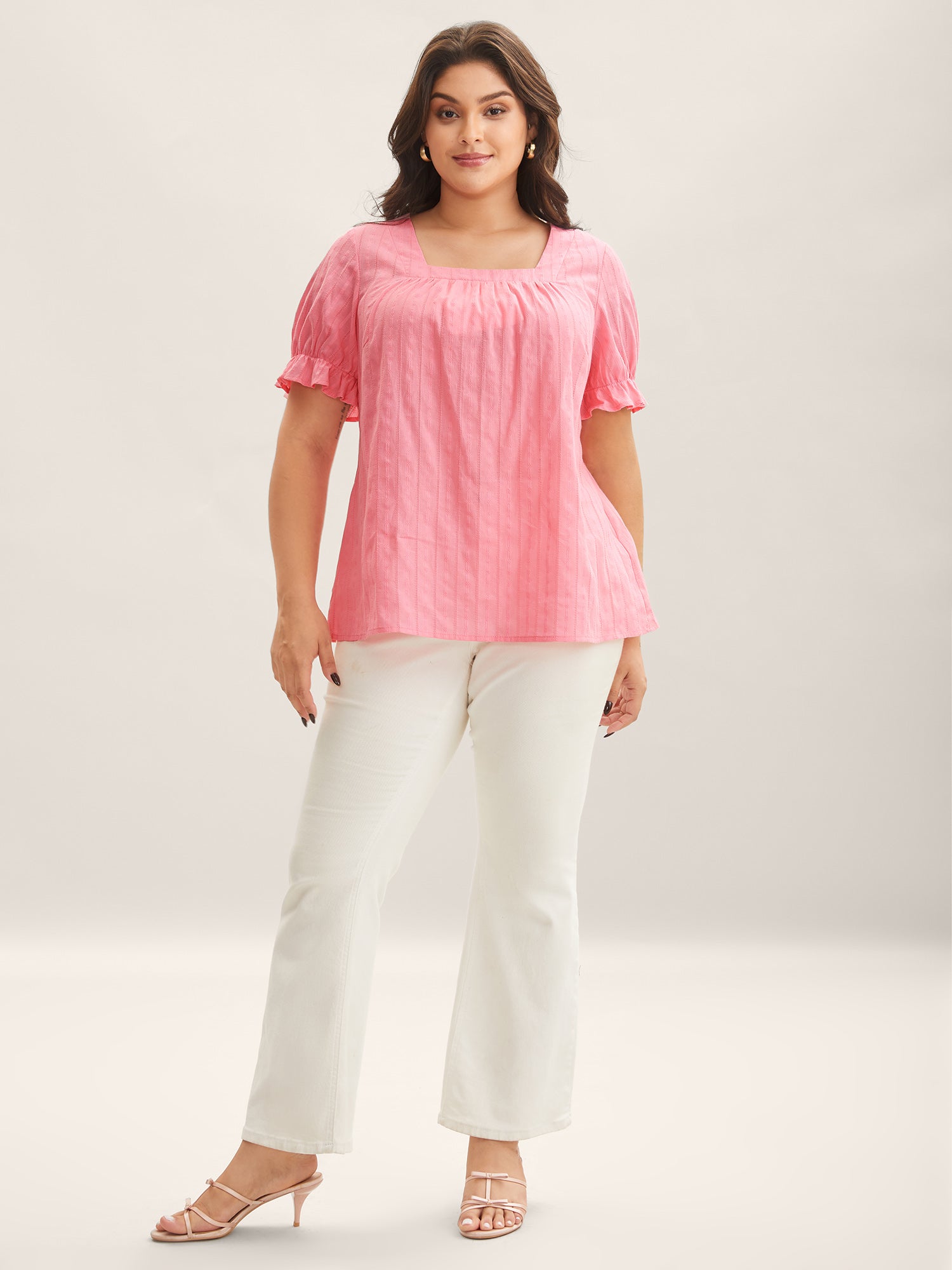 Cotton Square Neck Ruffled Sleeve Shirt