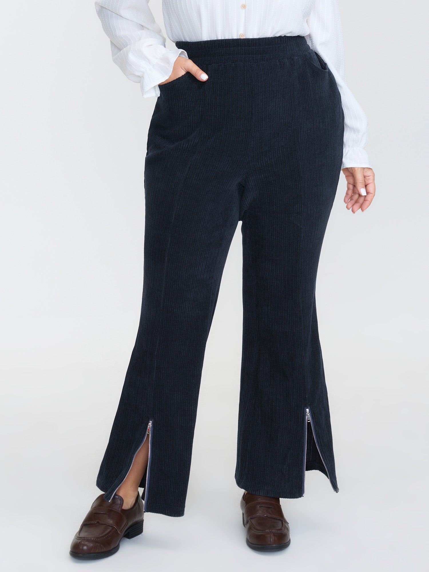 Stretchy Textured Slit Hem Zipper Detail Pants