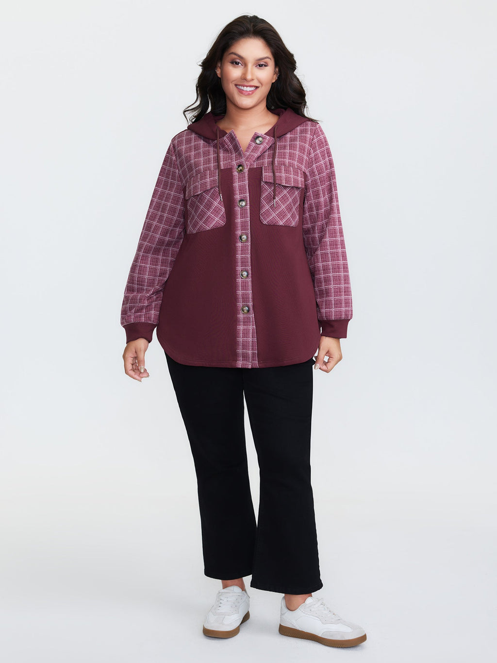 Grid Print Color Contrast Hooded Jacket