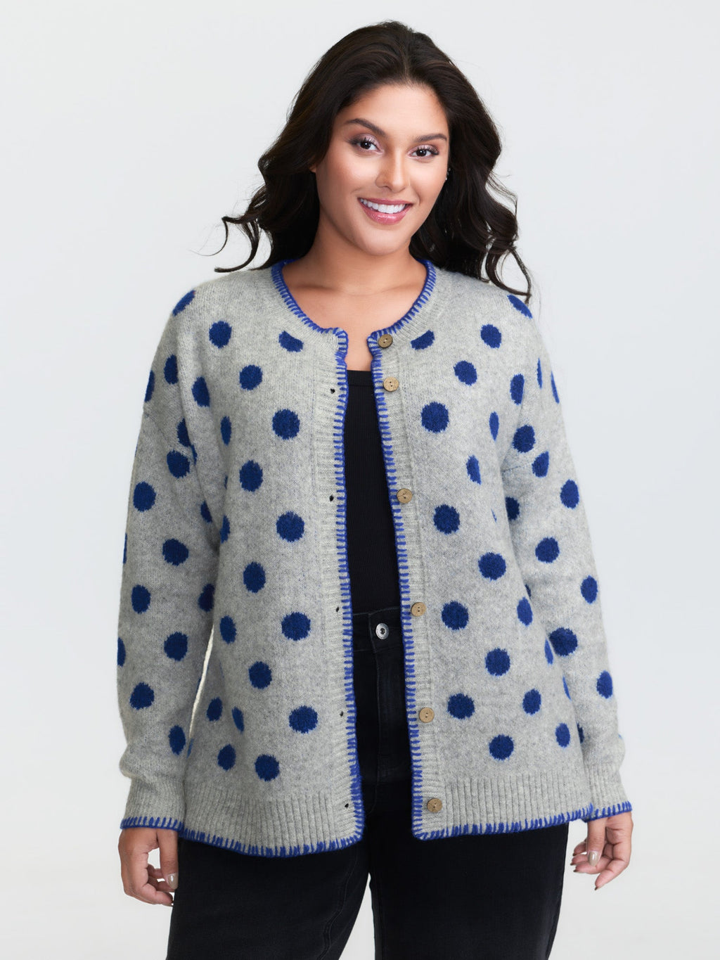 Polka Dots Jacquard Buttons Knit Cardigan