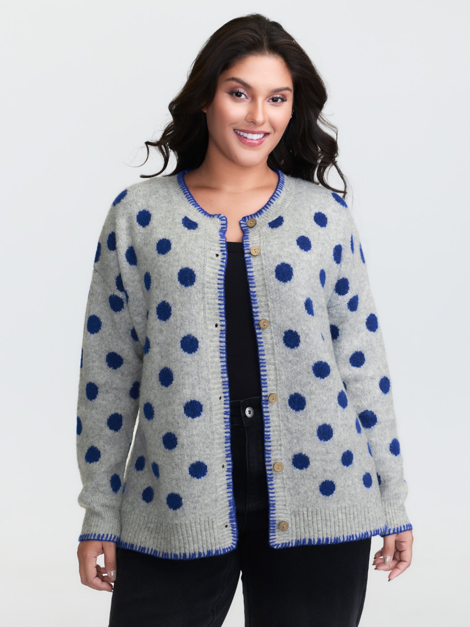 Polka Dots Jacquard Buttons Knit Cardigan