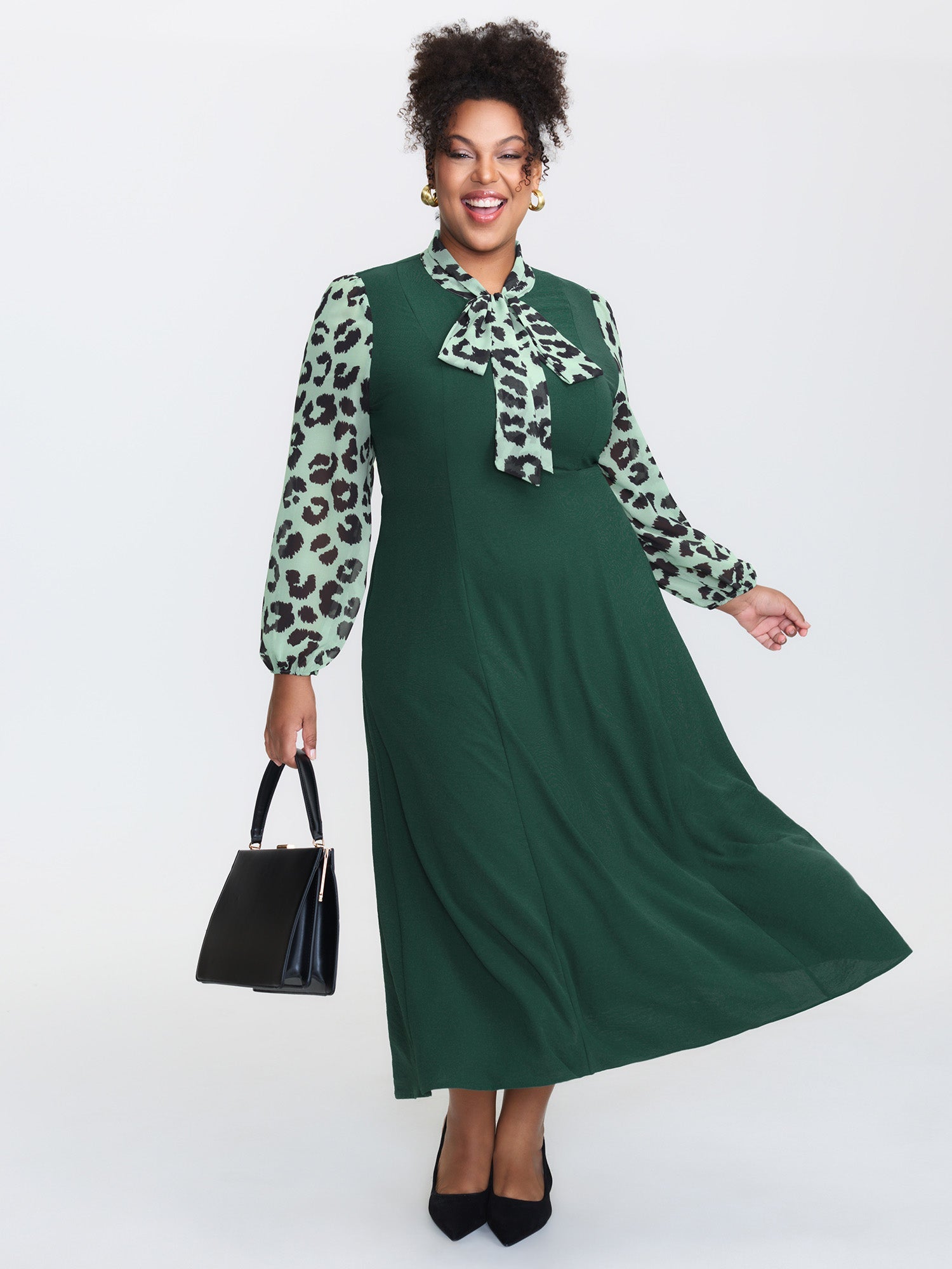 Leopard Print Ribbon Collar Midi Dress