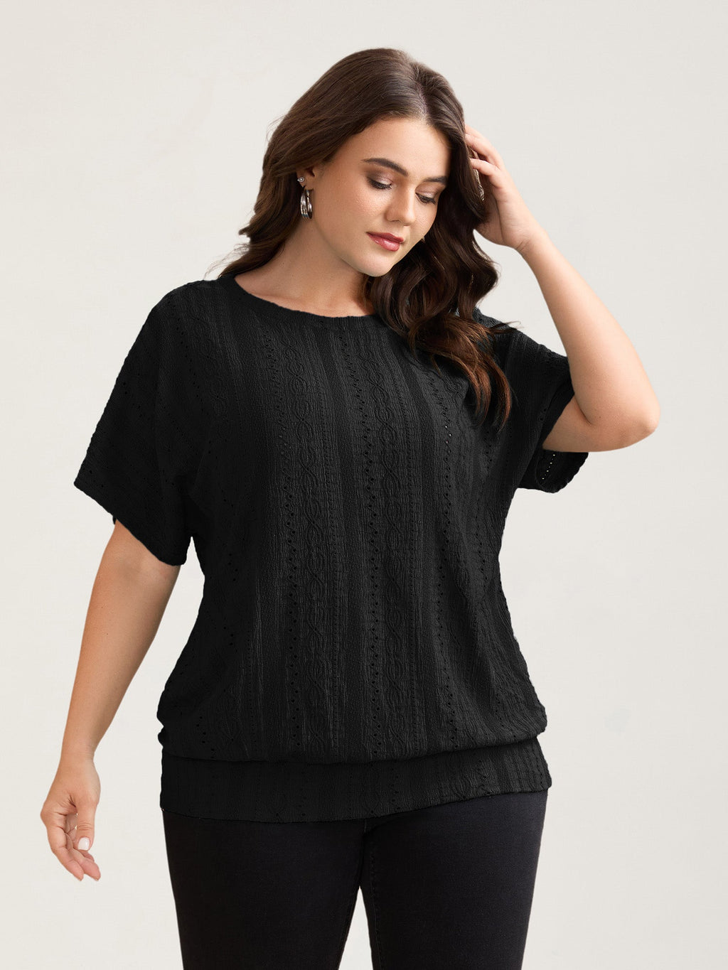 Eyelet Trim Stretchy Textured Plain Top