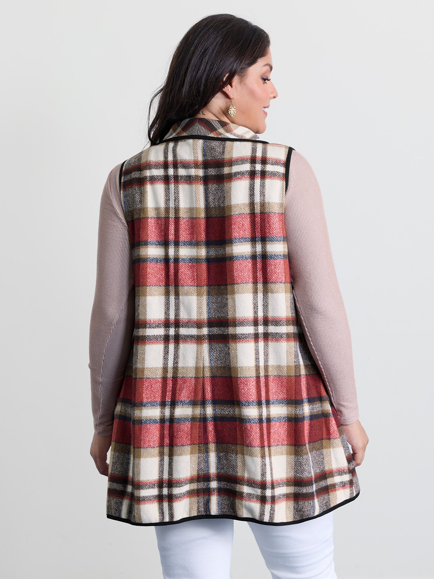 Plaid Curvy Hem Open-Front Vest