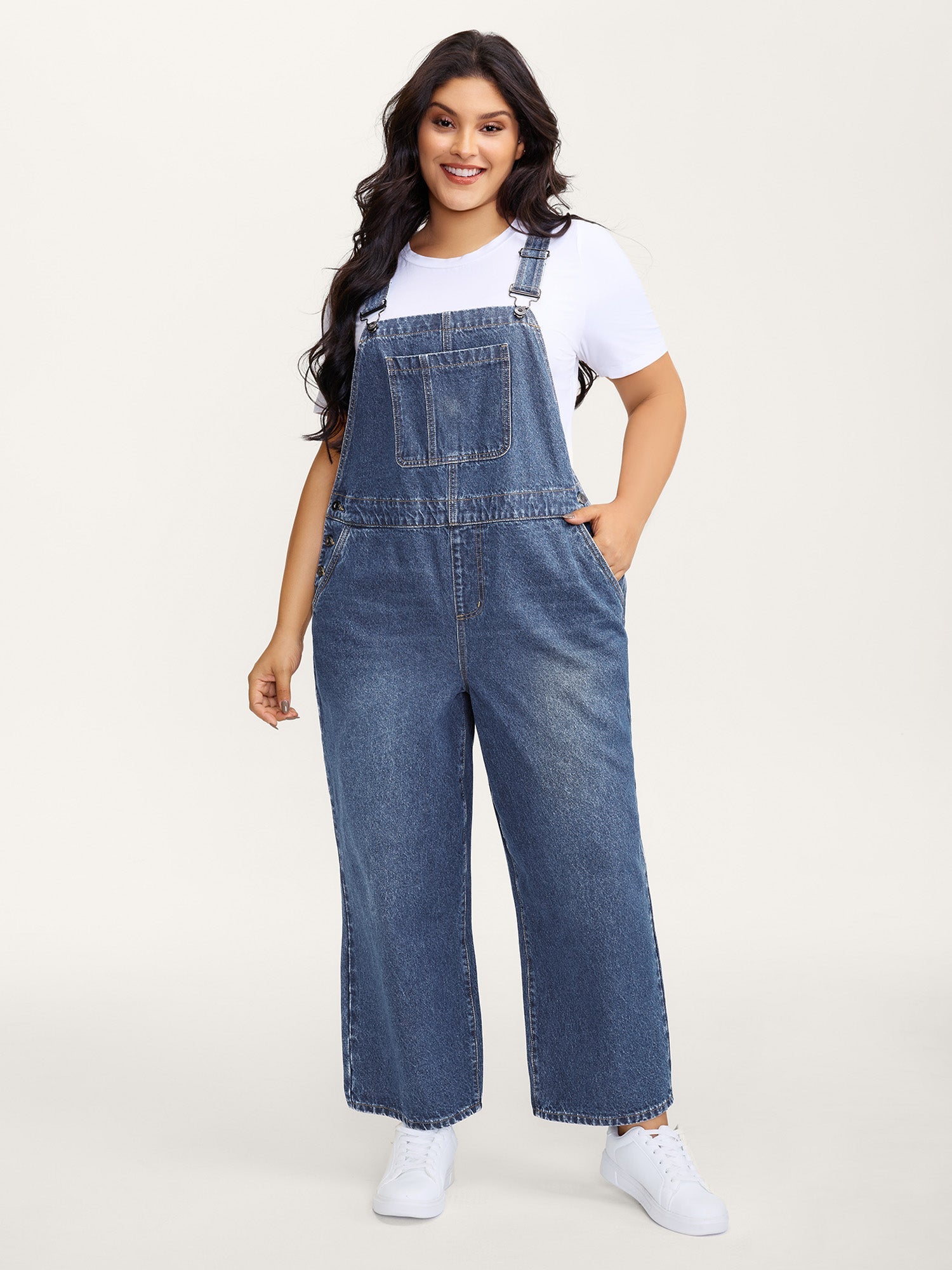Cotton Relaxed-Fit Side Button Overall Denim Jumpsuit