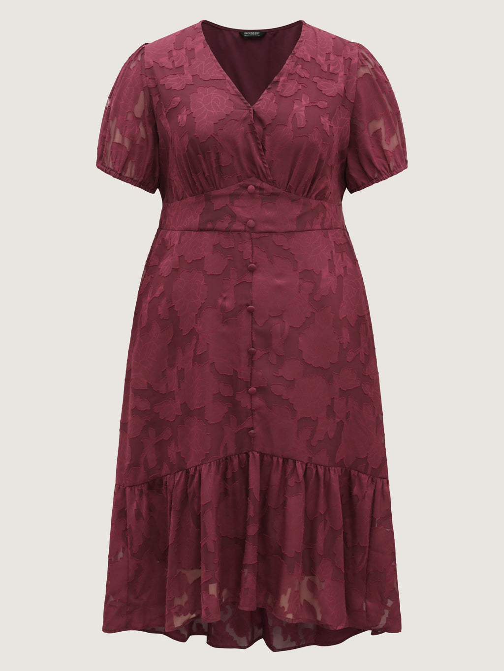 Solid Textured Lantern Sleeve Button Detail Dress