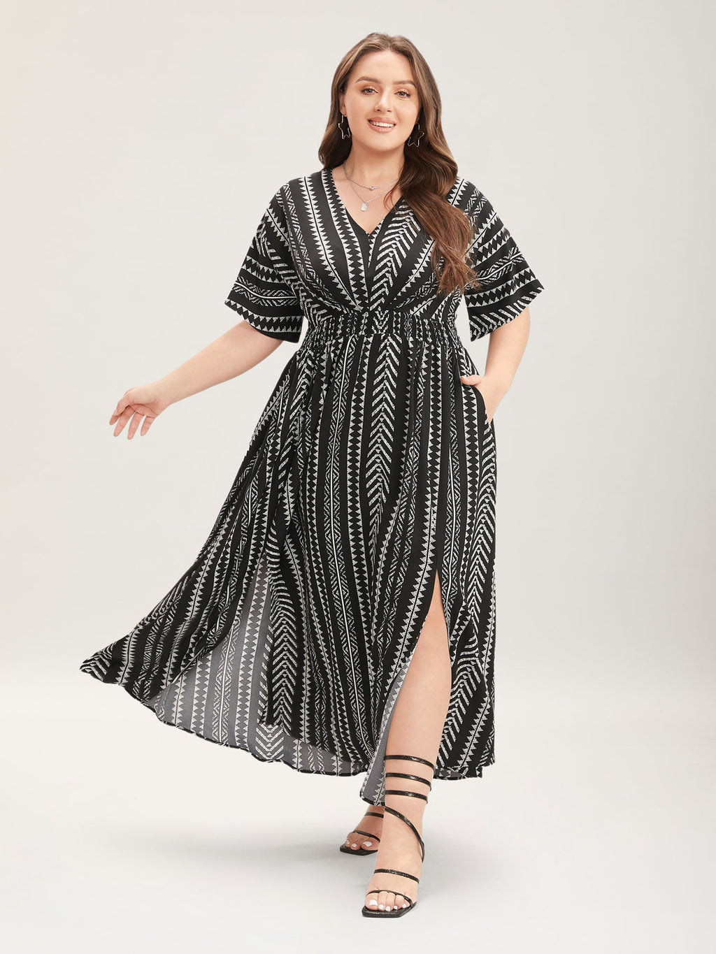 Solid Geometric Dolman Sleeve Pocket Shirred Split Hem Dress