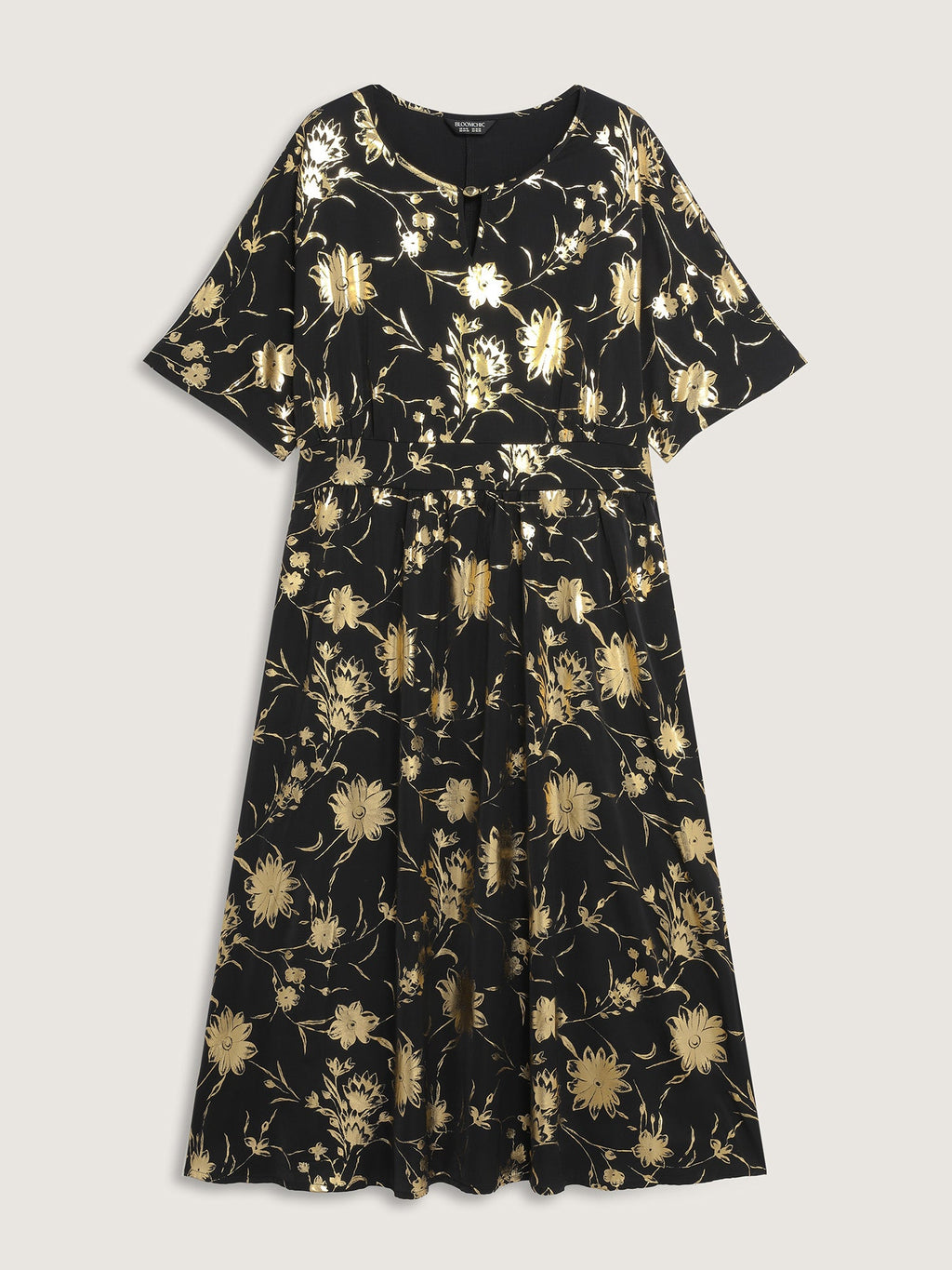 Gold Stamp Shirred Back-Waist Maxi Dress