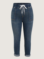 Drawstring Elastic Waist Roll Hem Jeans