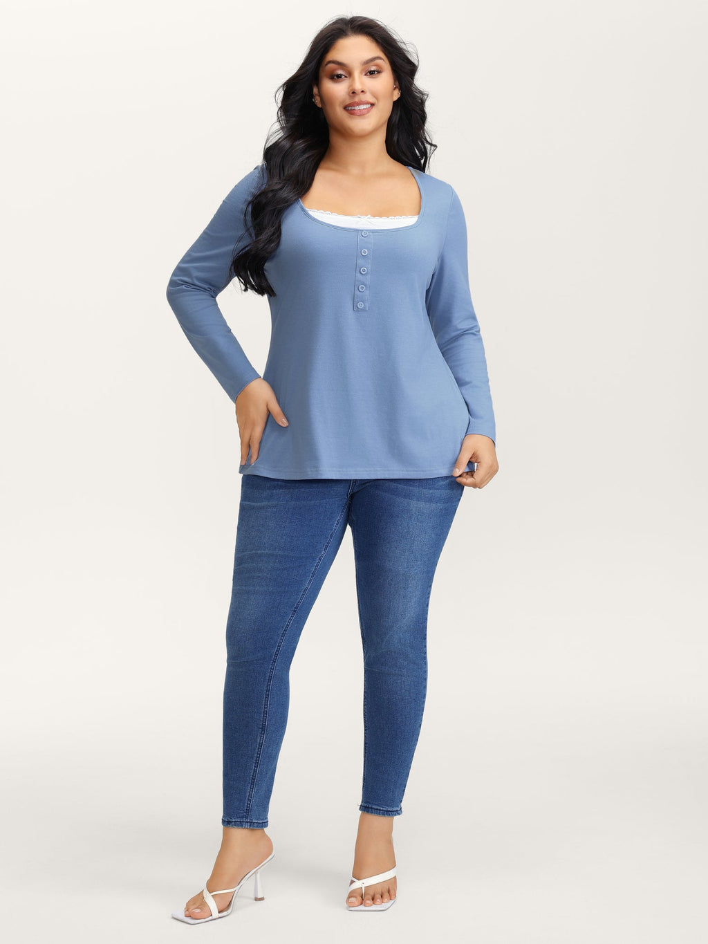 Button Placket Lace Scoop Neck T-Shirt