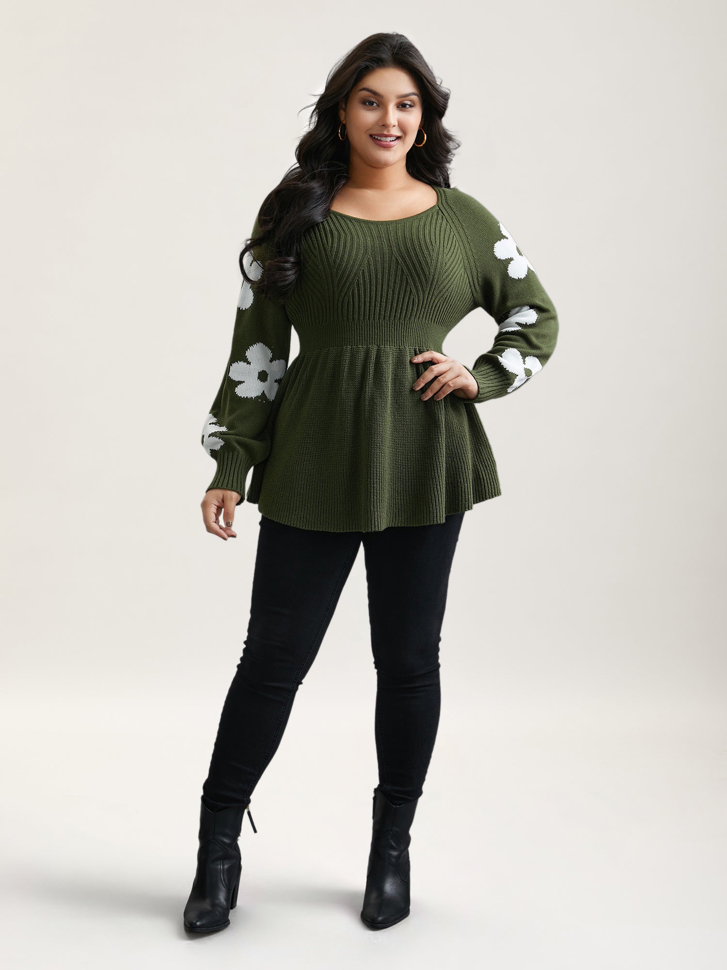 Floral Patch Jacquard Cinched Waist Pullover