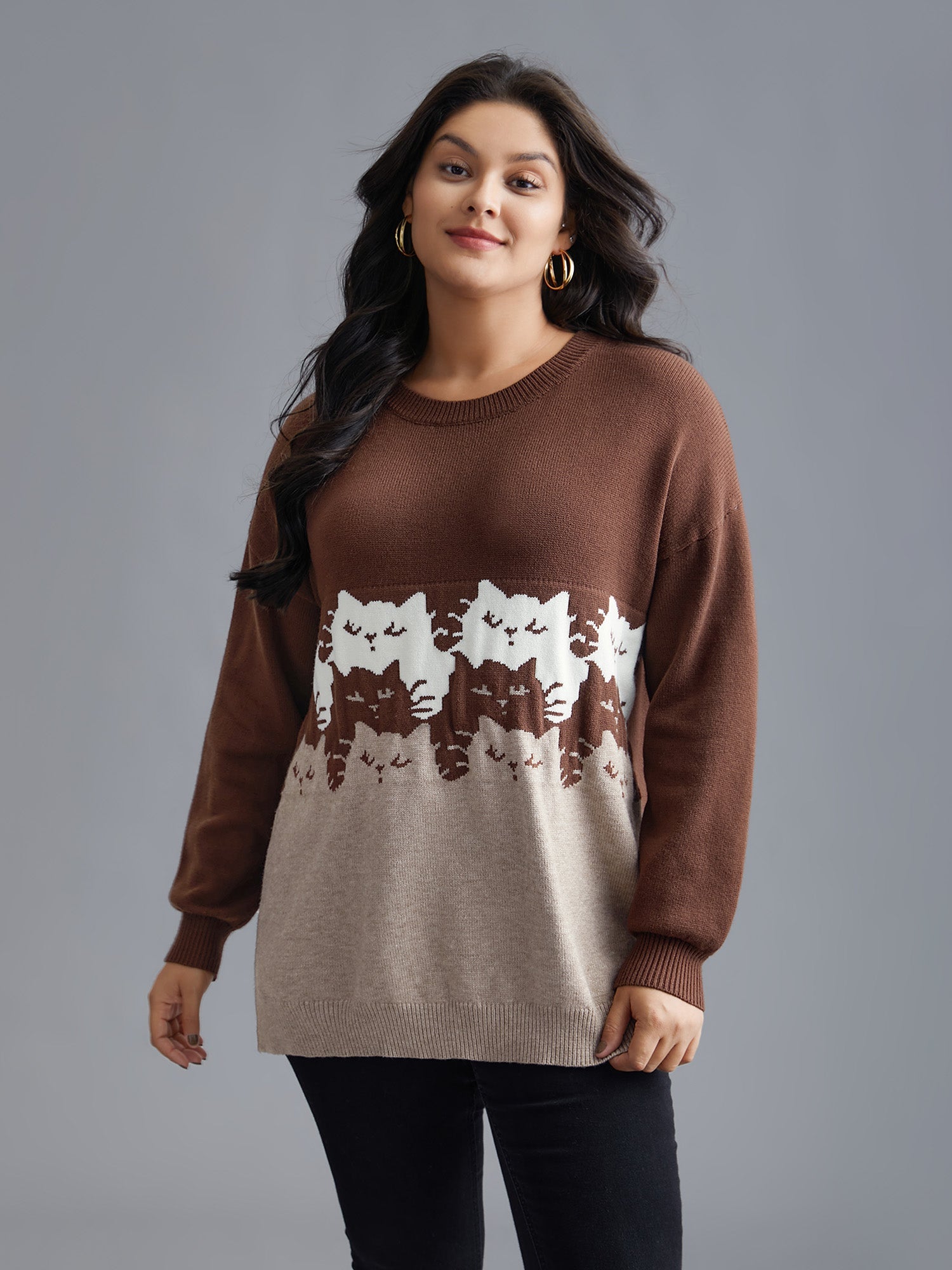Cat Contrast Drop Shoulder Pullover