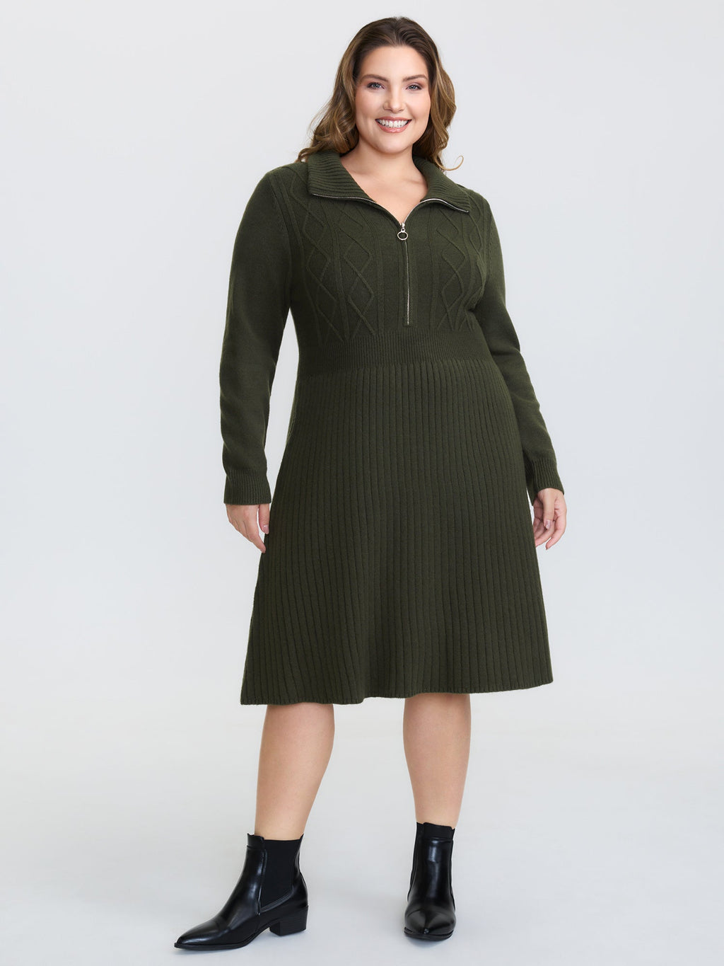 Zipper Front Fit and Flare Midi Sweater Dress