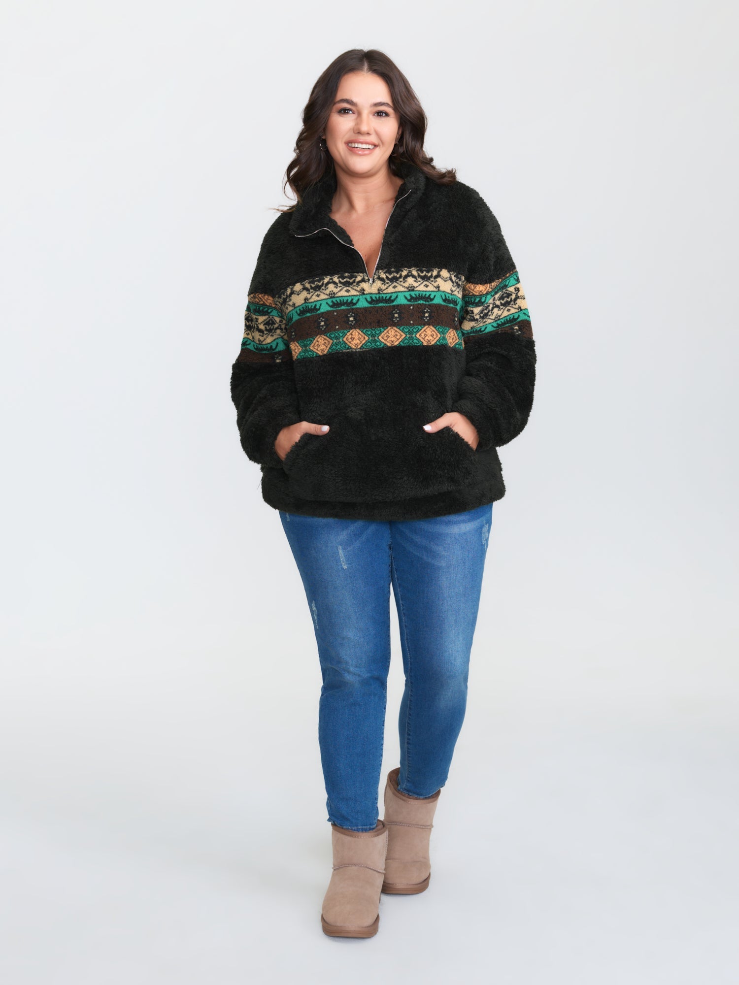 Geometric Print Zipper Collar Sweatshirt