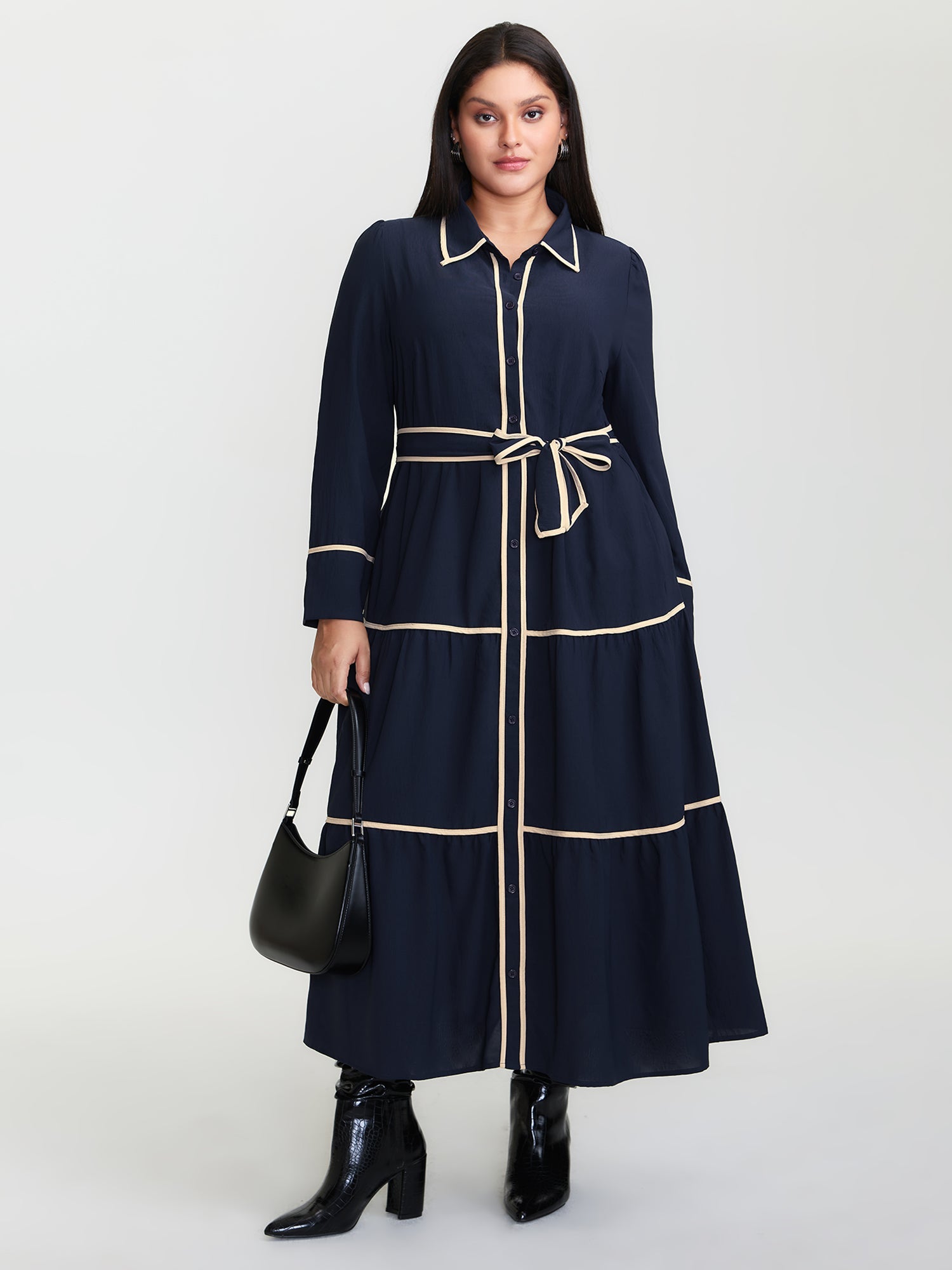 Color Contrast Belted Maxi Shirt Dress