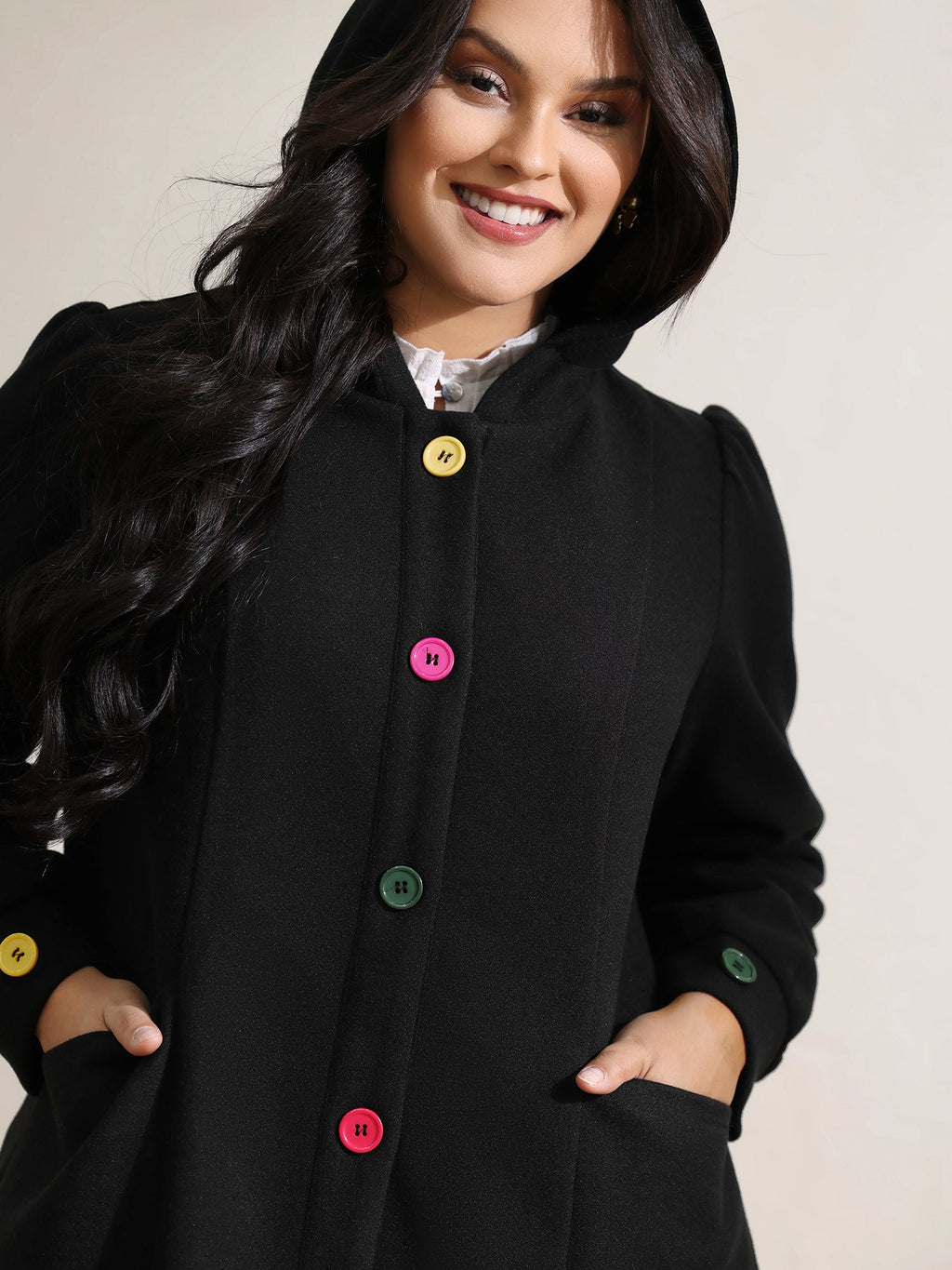 Colorful Buttons Hooded Pocket Coat