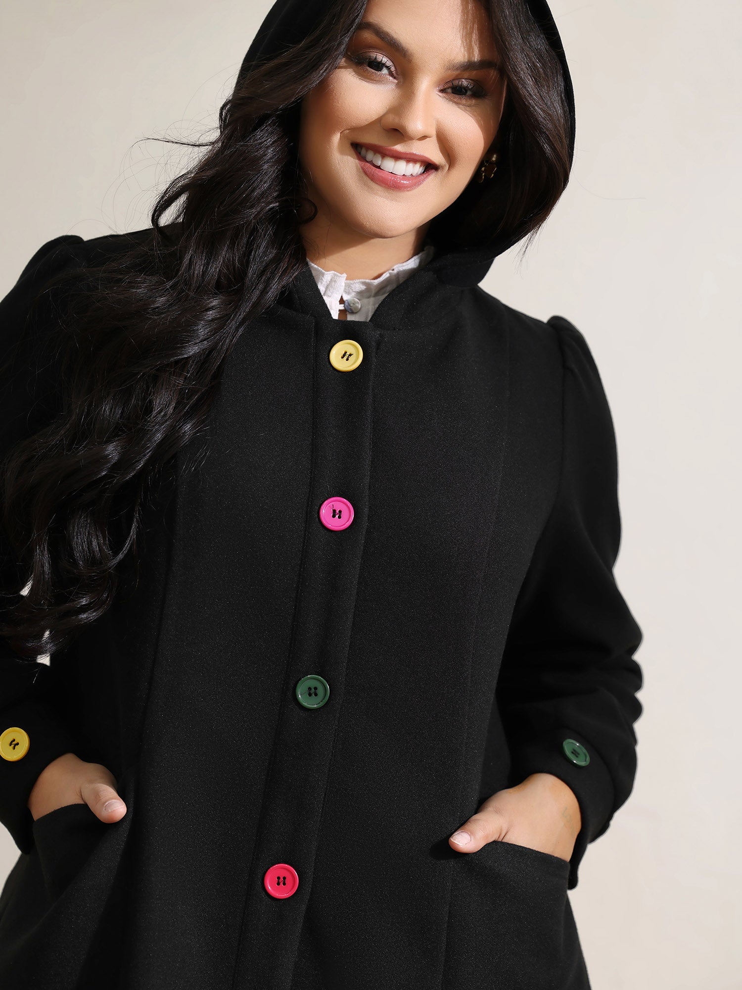Colorful Buttons Hooded Pocket Coat