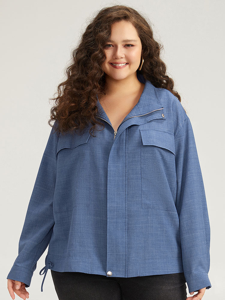 Plain Flap Pocket Zipper Lapel Collar Coat