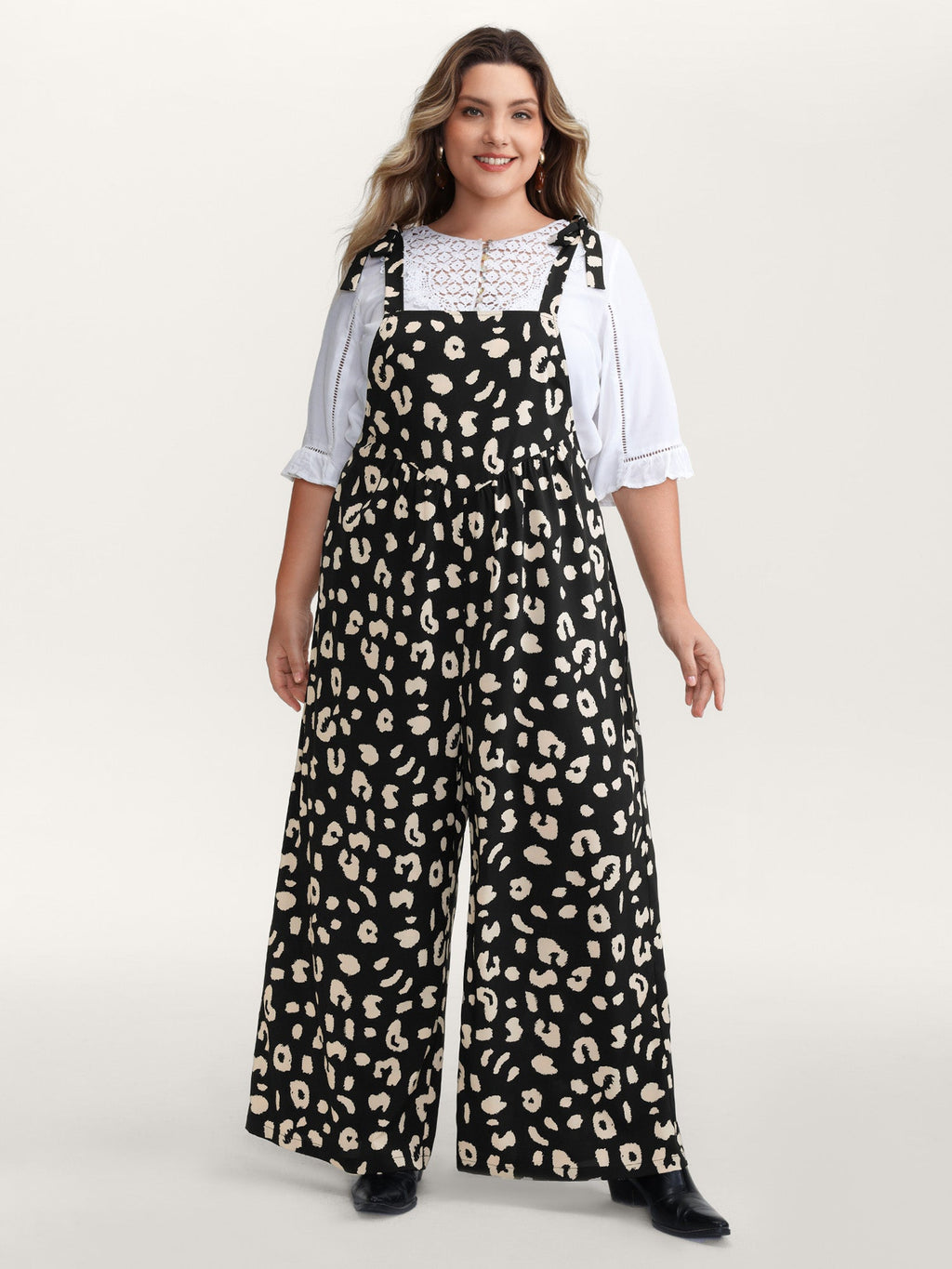 Leopard Print Shirred Shoulder Ties Jumpsuit