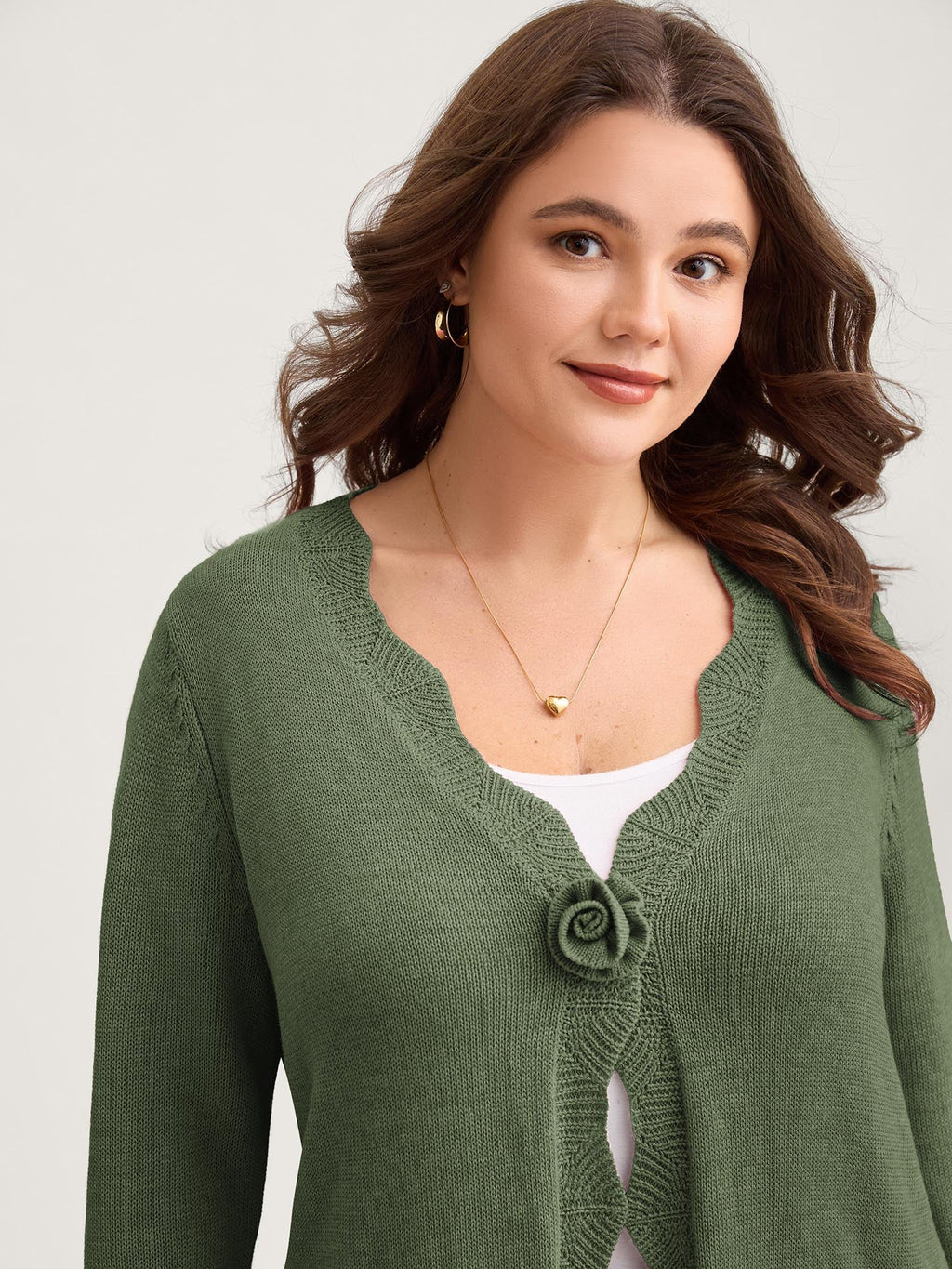 Supersoft Textured Floral Button Ruffled Hem Knit Cardigan