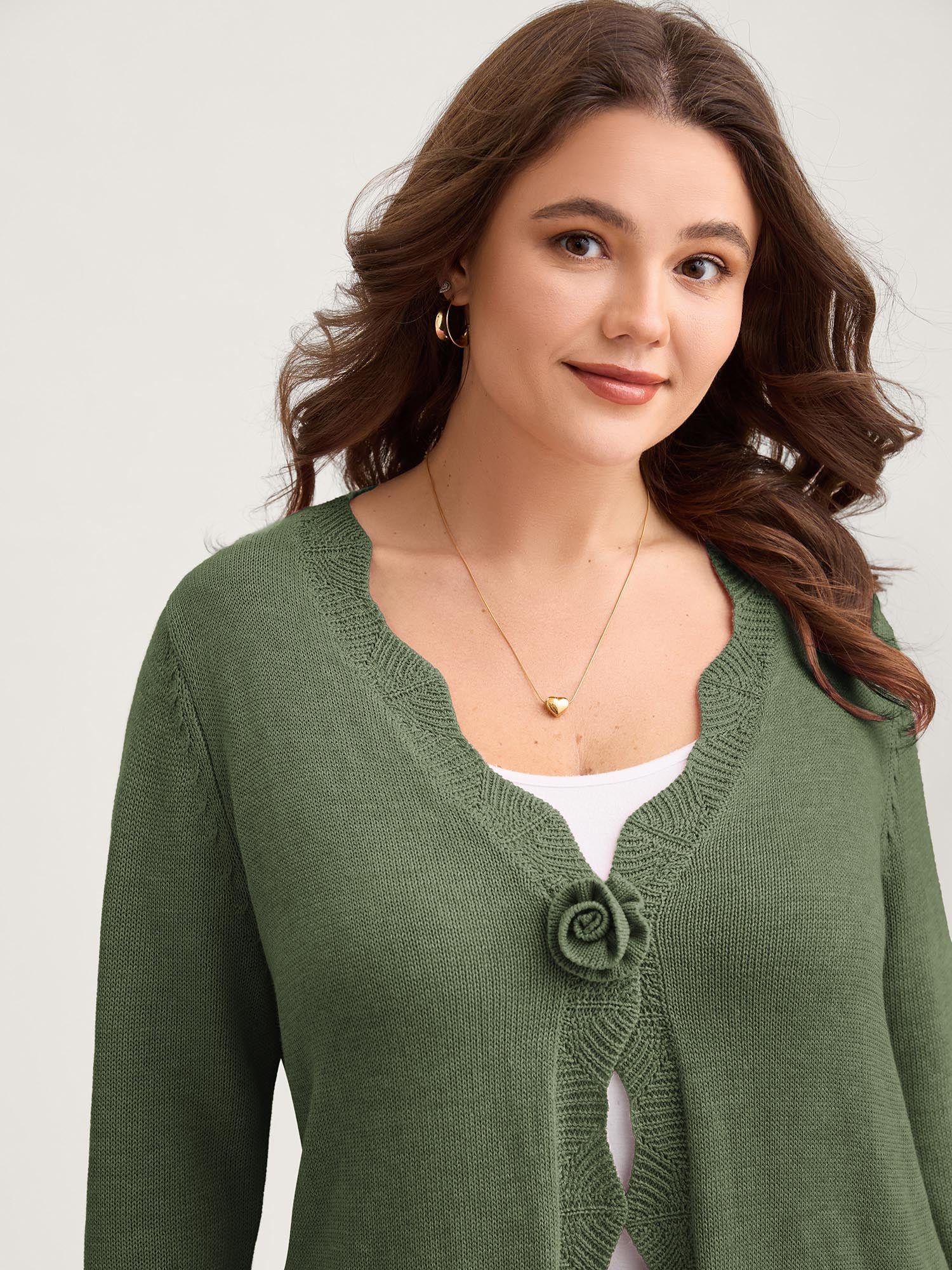 Supersoft Textured Floral Button Ruffled Hem Knit Cardigan