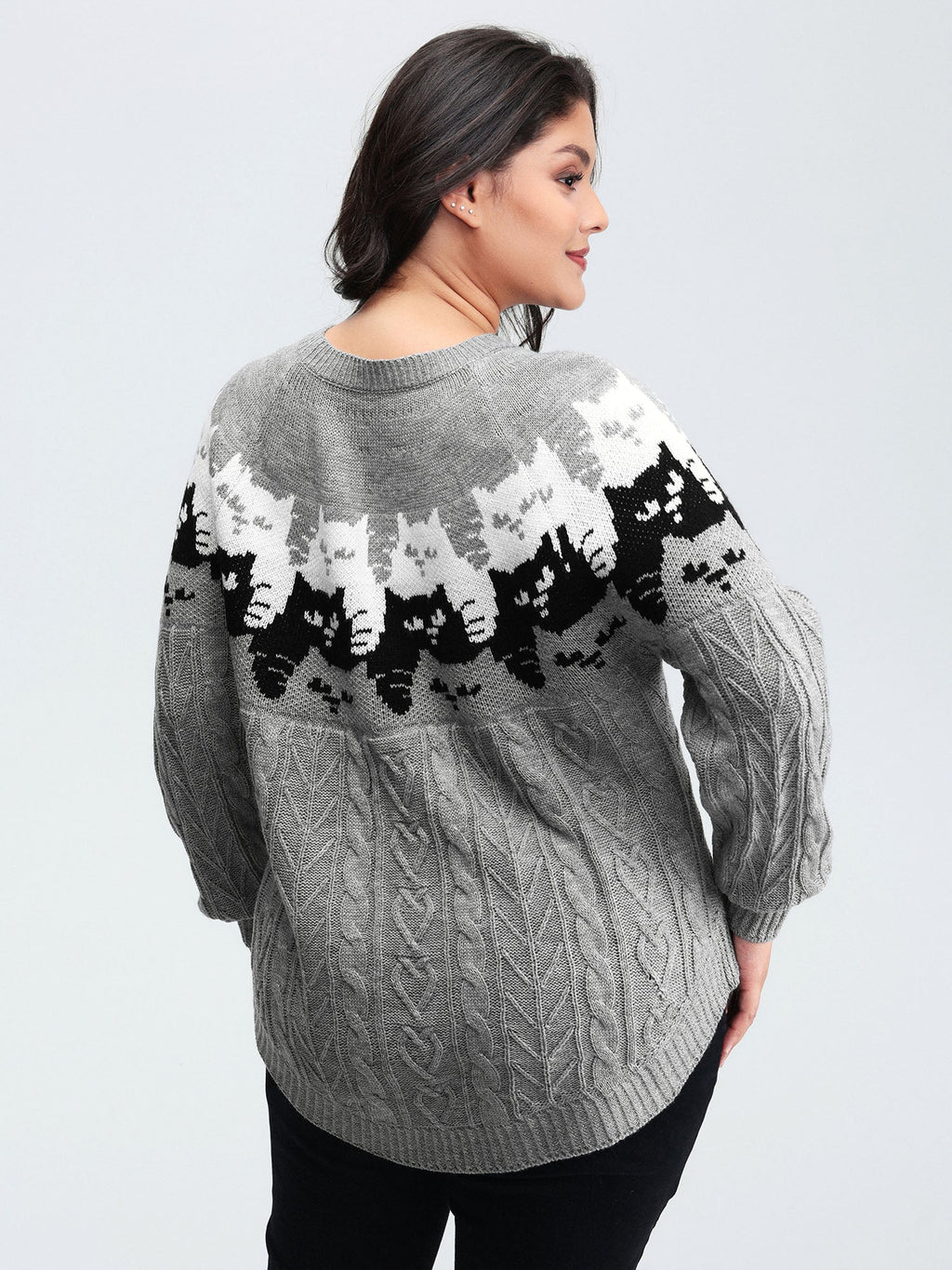 Color Block Cat Pattern Arc Hem Pullover