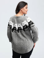 Color Block Cat Pattern Arc Hem Pullover