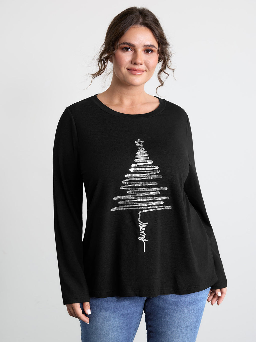 Sequin Cord Embroidered Tree Round Neck T-Shirt